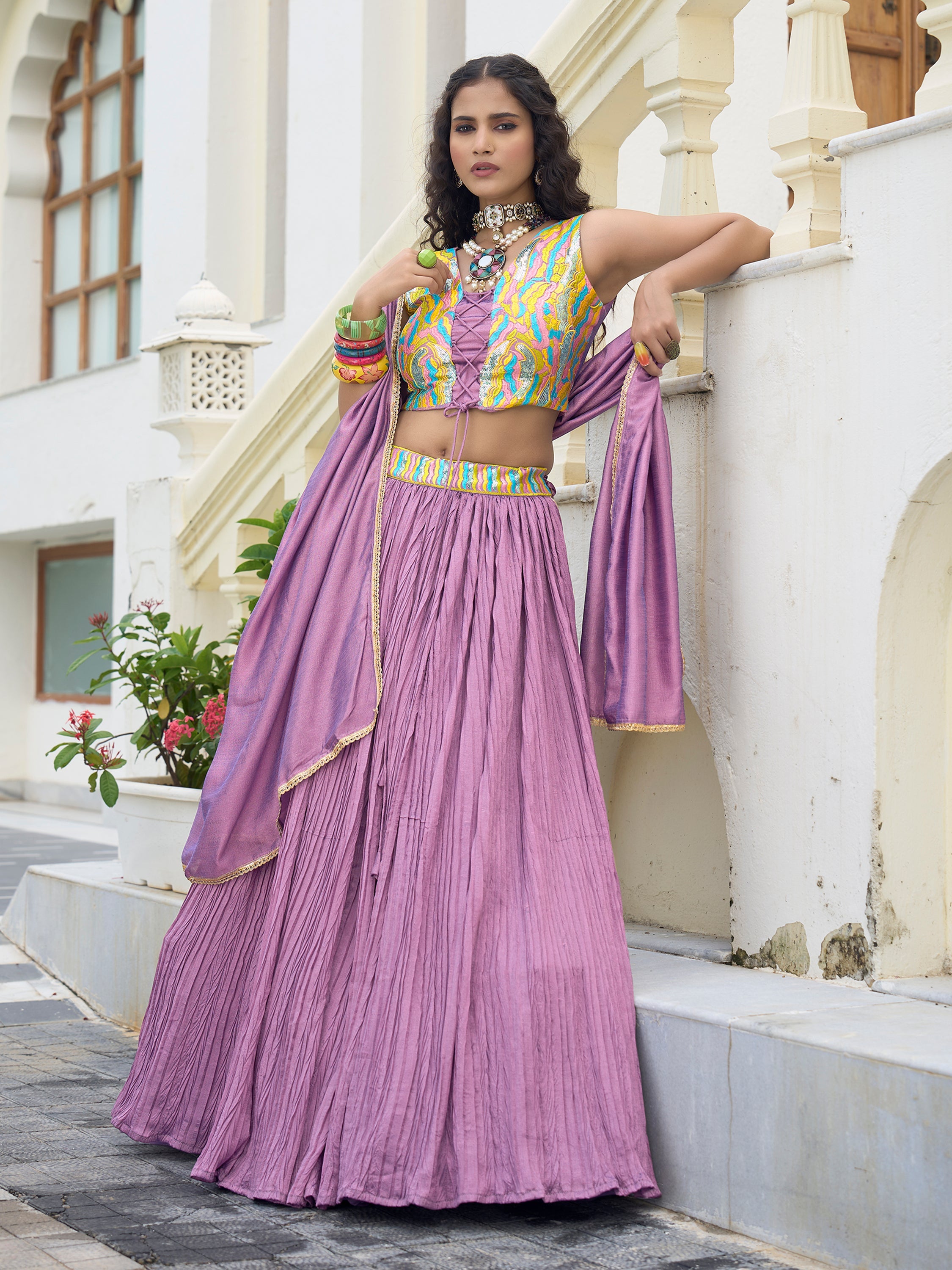 Women Purple Silk Crape Lehengas