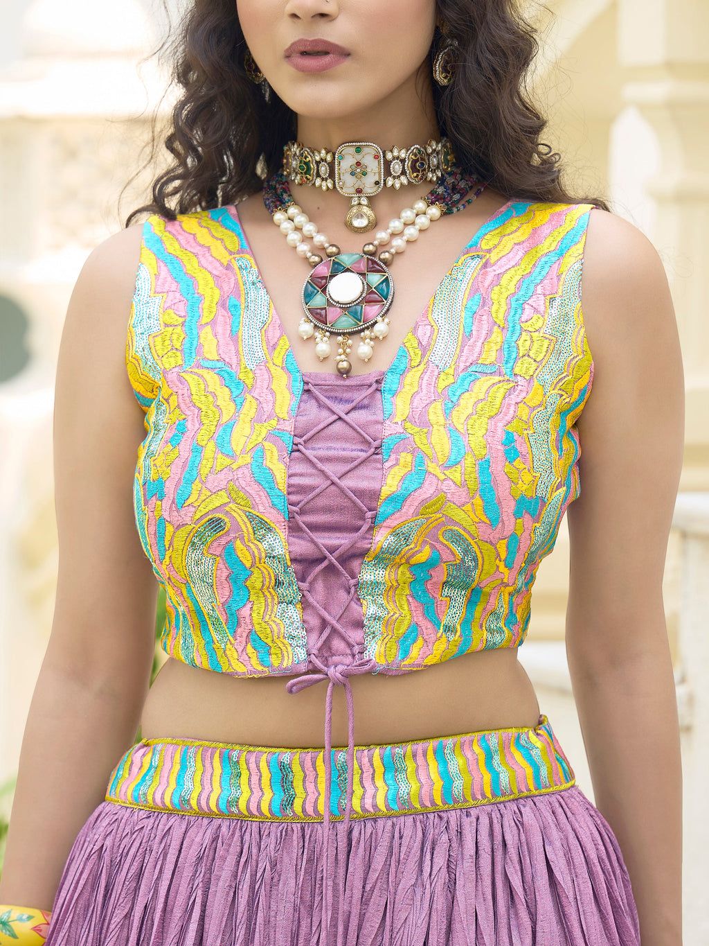 Women Purple Silk Crape Lehengas