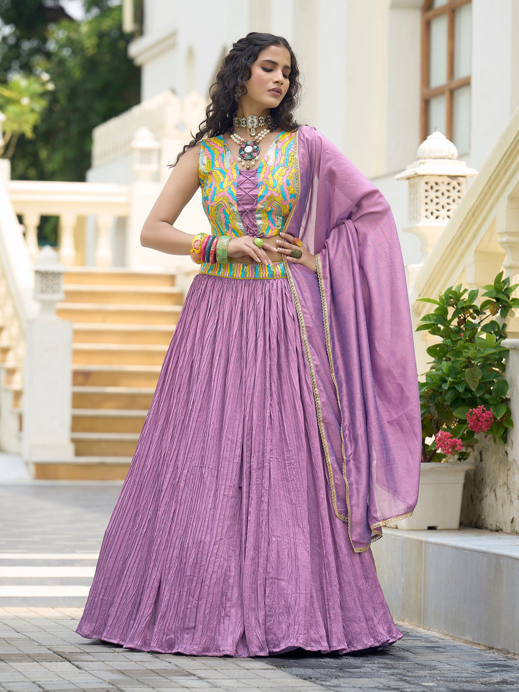 Women Purple Silk Crape Lehengas