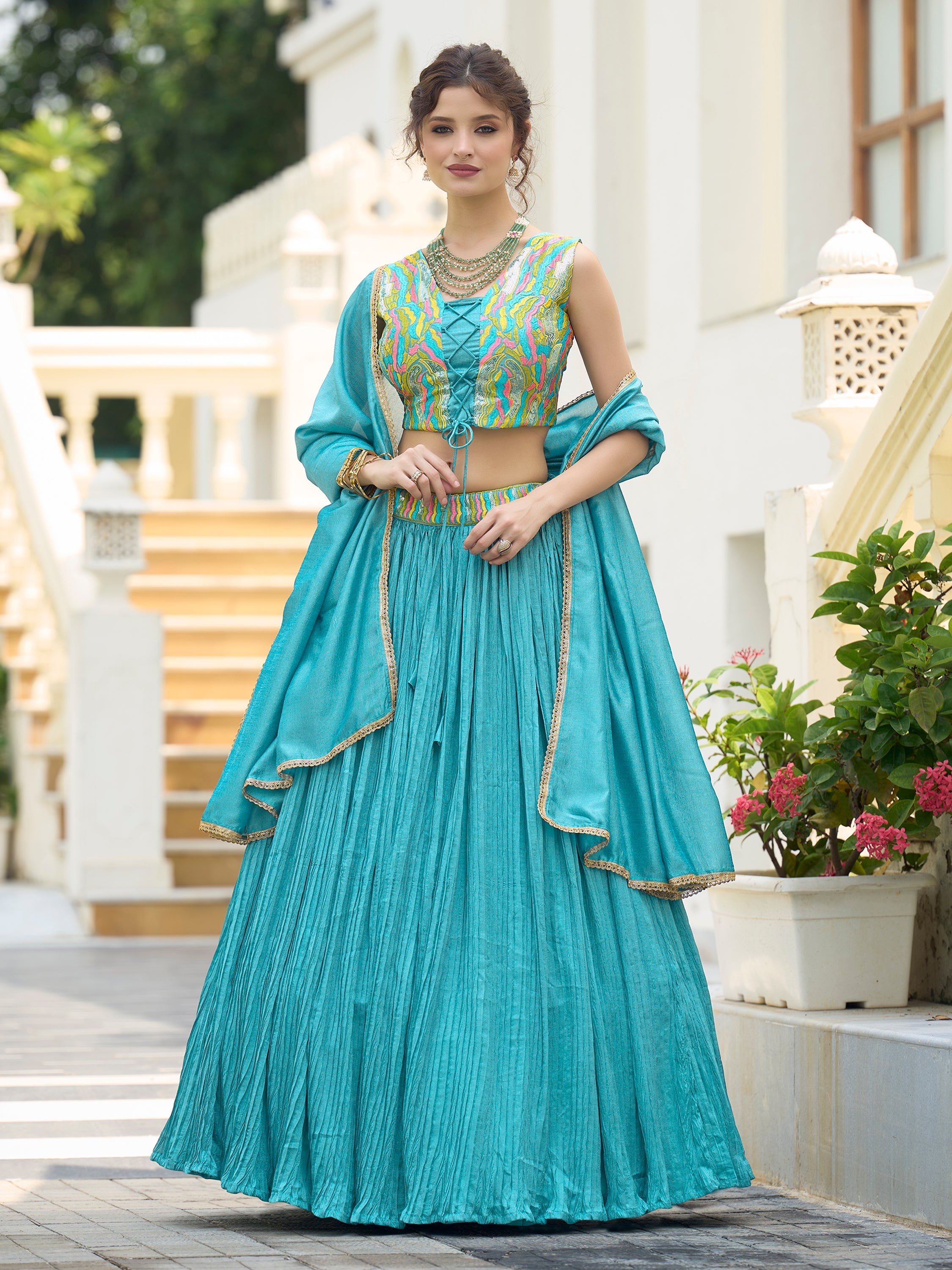 Women Sky Silk Crape Lehengas