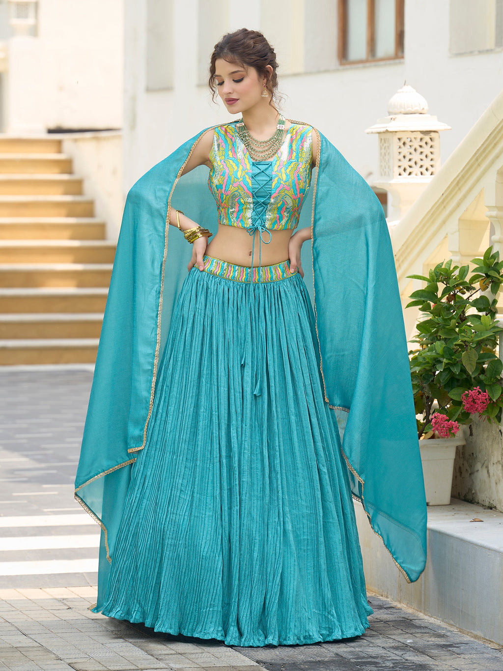 Women Sky Silk Crape Lehengas