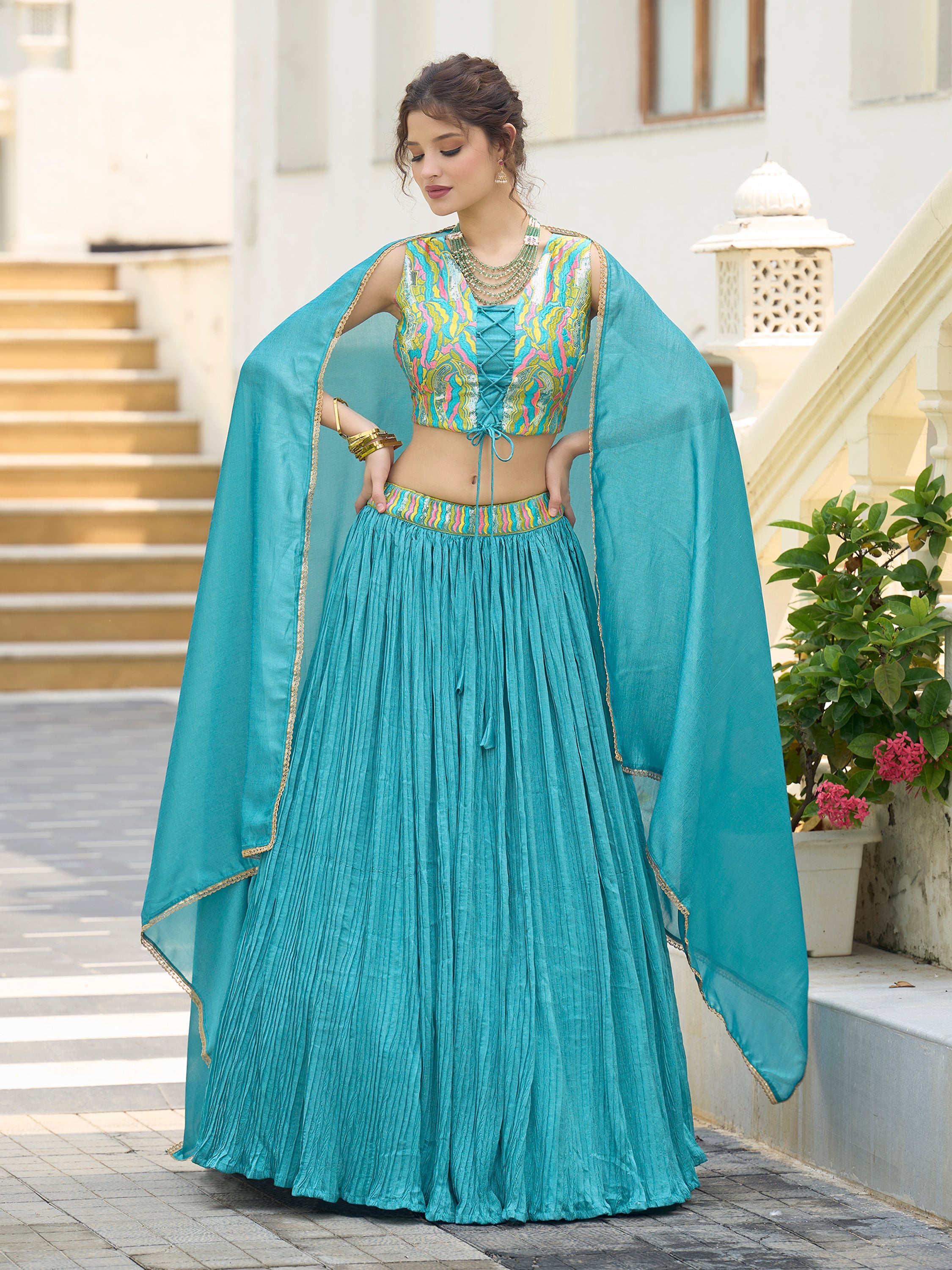 Women Sky Silk Crape Lehengas