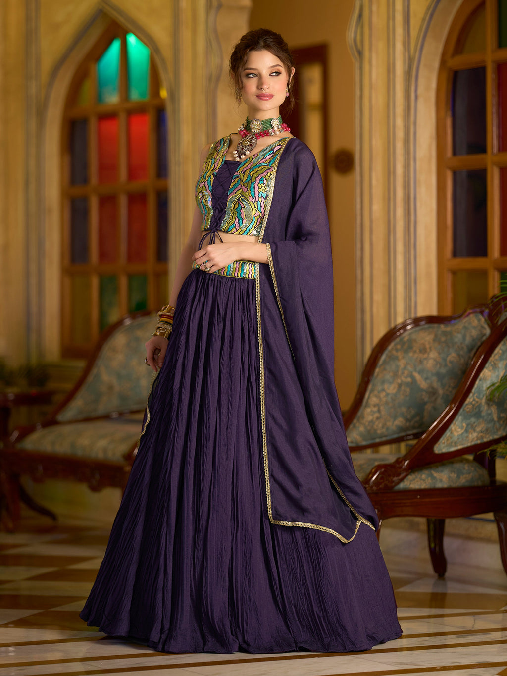 Women Wine Silk Crape Lehengas