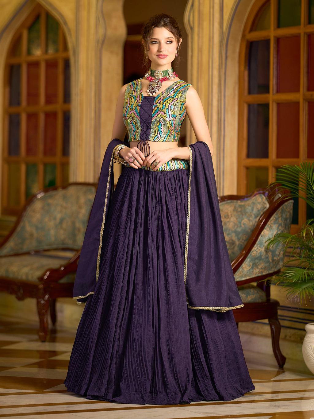 Women Wine Silk Crape Lehengas