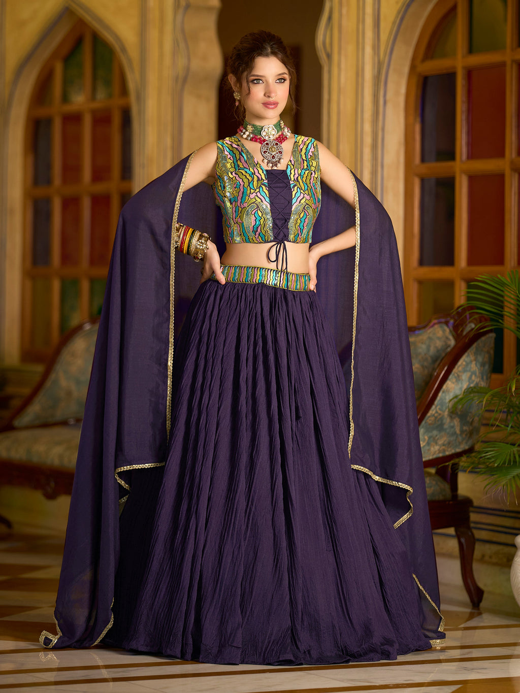 Women Wine Silk Crape Lehengas