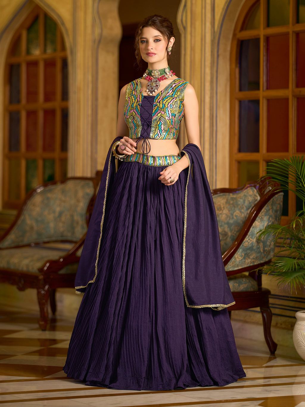 Women Wine Silk Crape Lehengas
