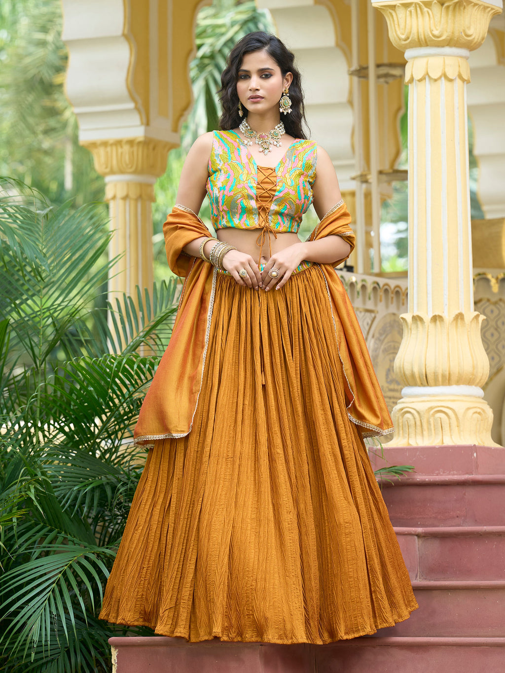 Women Yellow Silk Crape Lehengas
