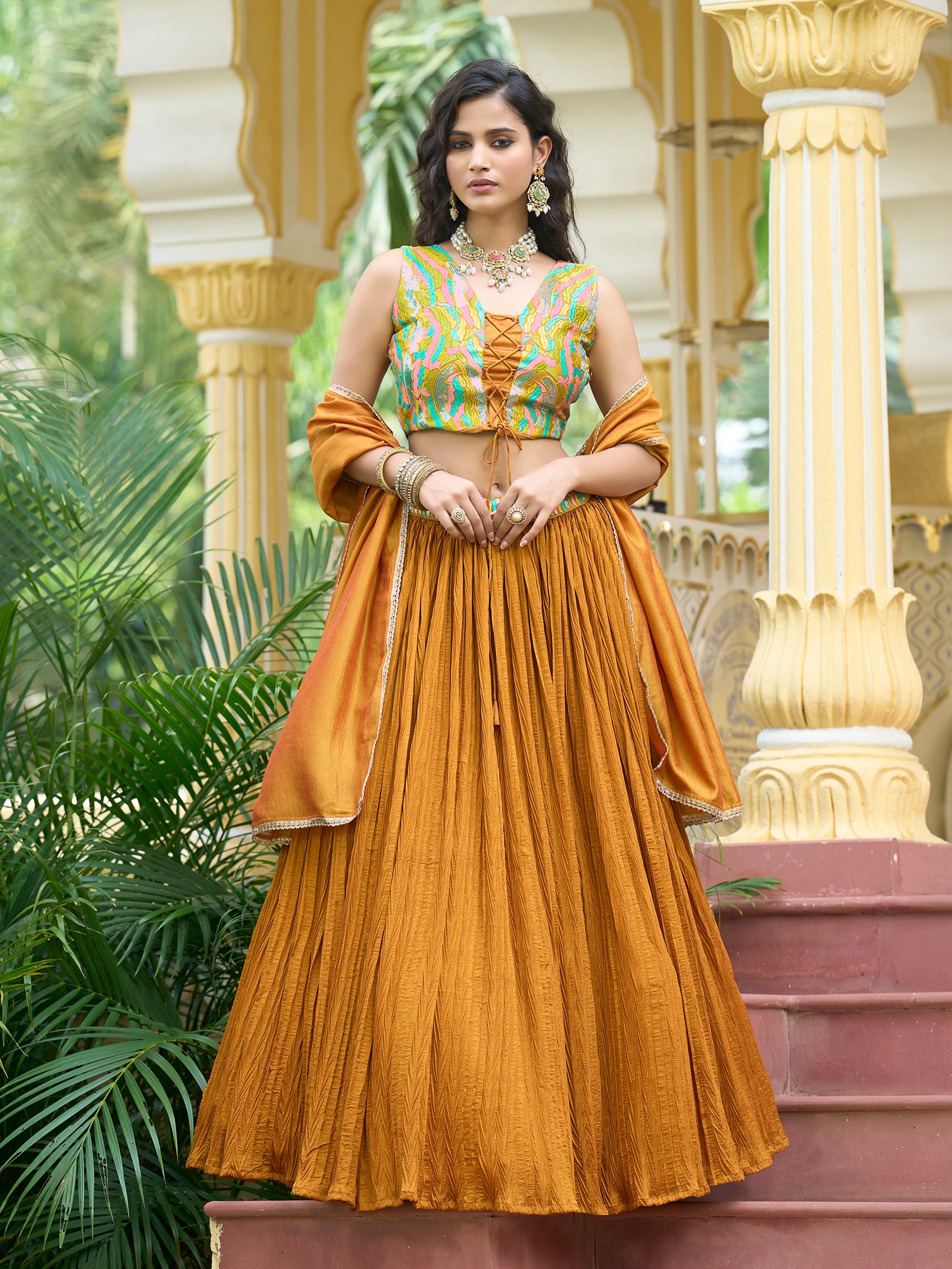 Women Yellow Silk Crape Lehengas