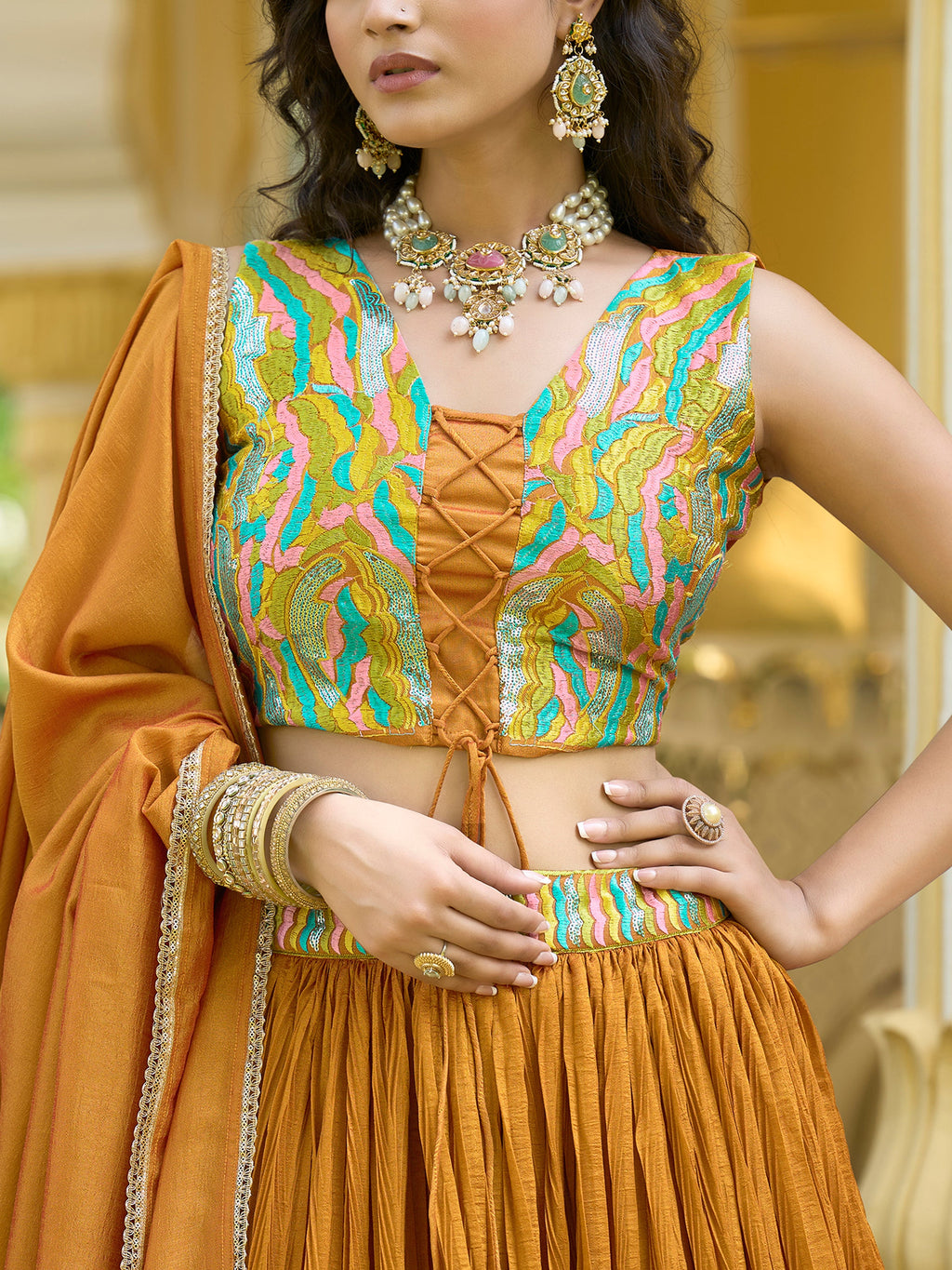 Women Yellow Silk Crape Lehengas