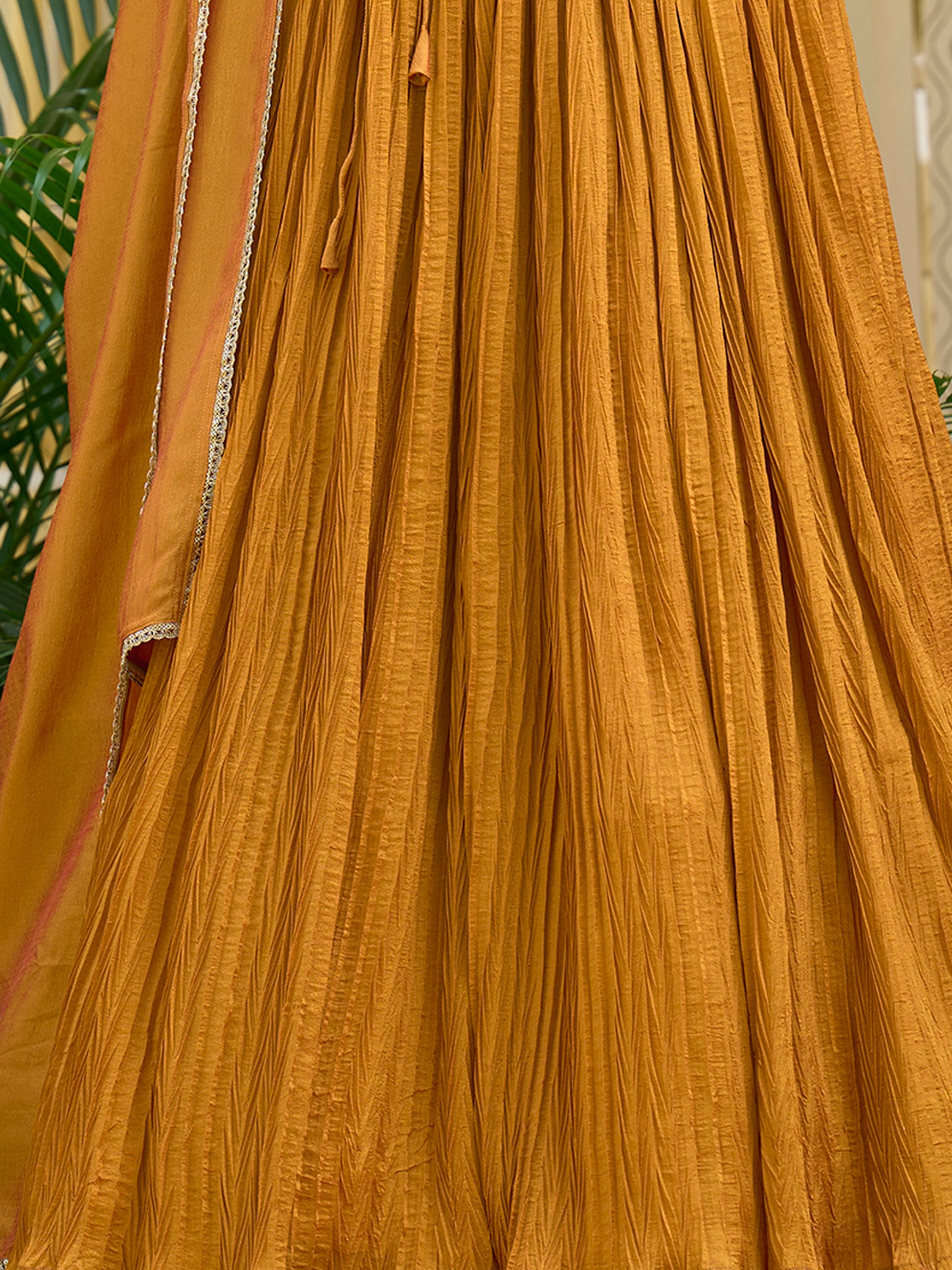 Women Yellow Silk Crape Lehengas