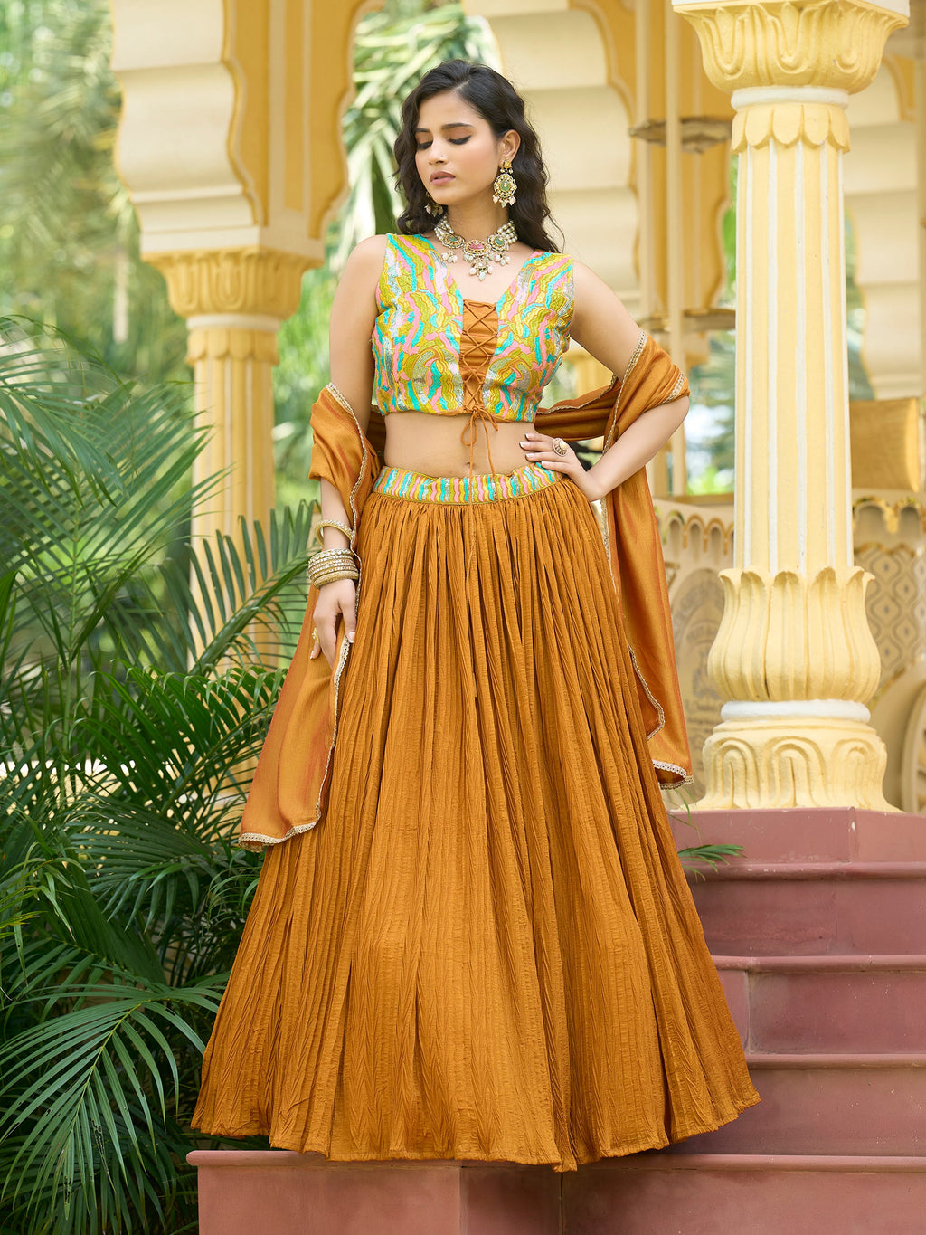 Women Yellow Silk Crape Lehengas