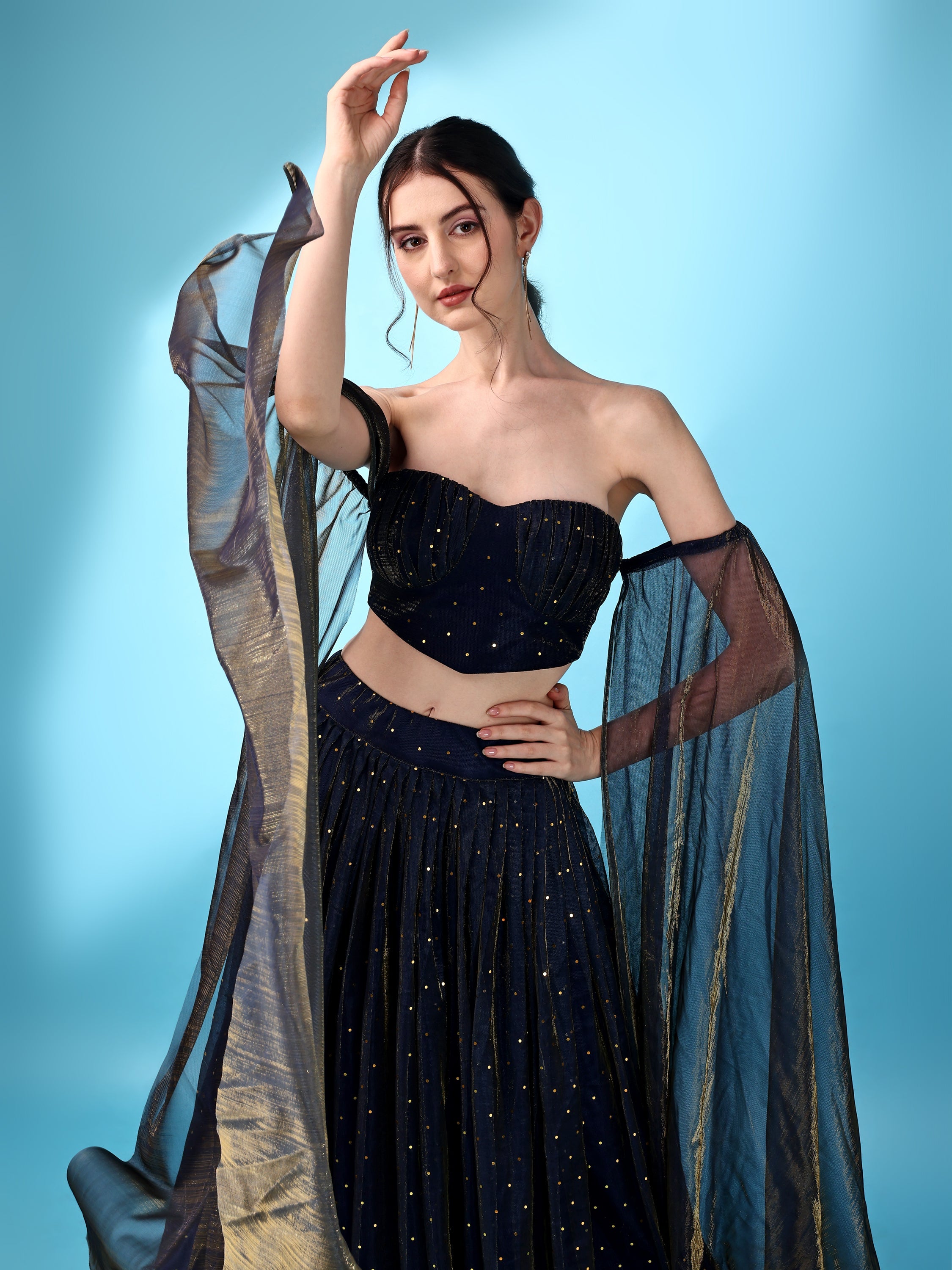 Sequences Navy Blue Lehenga Choli With Lycra Dupatta.