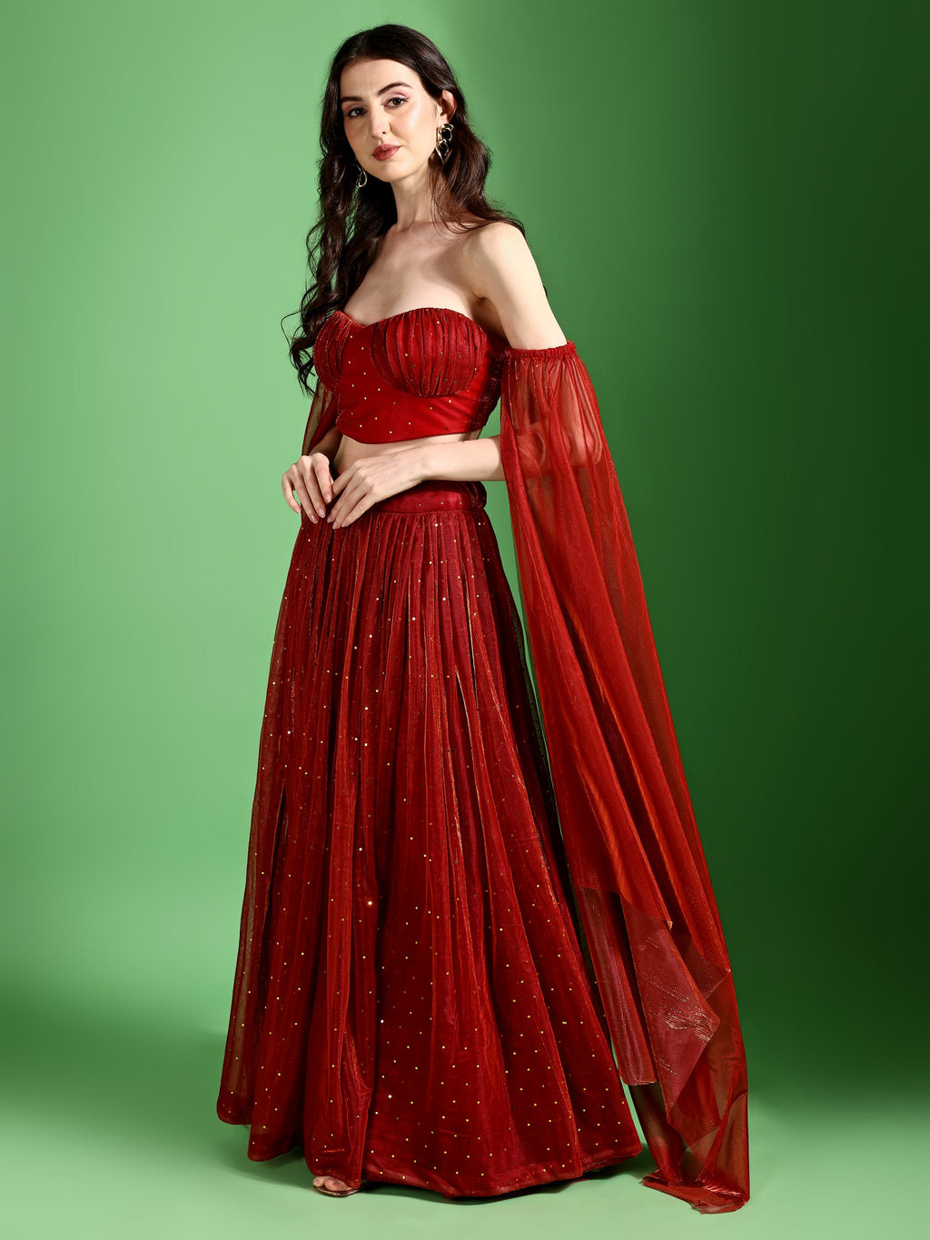 Sequences Red Lehenga Choli With Lycra Dupatta.