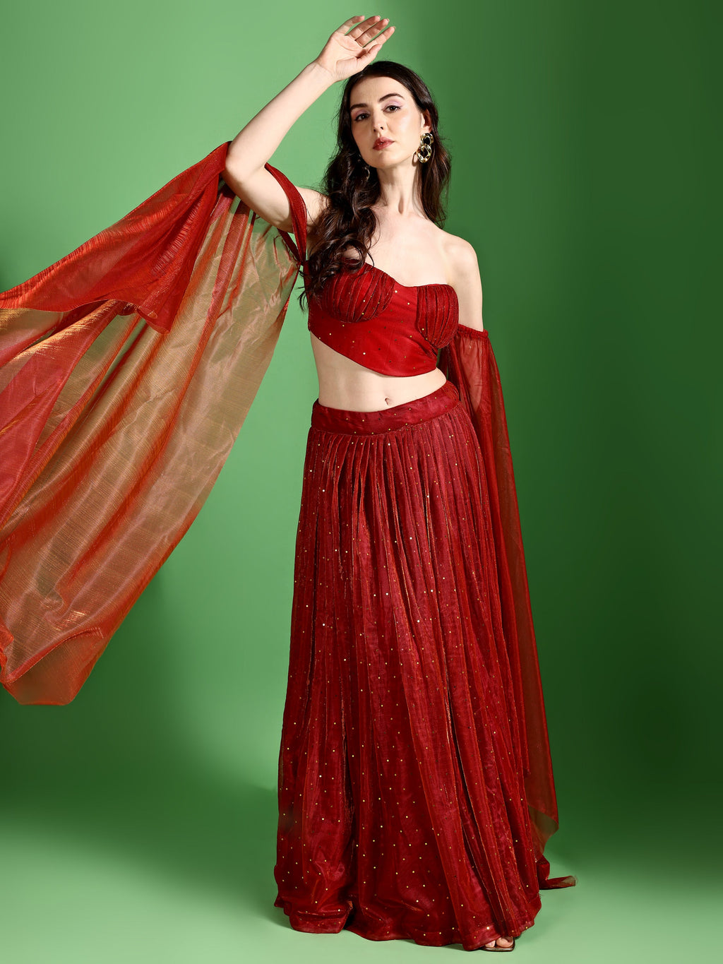 Sequences Red Lehenga Choli With Lycra Dupatta.