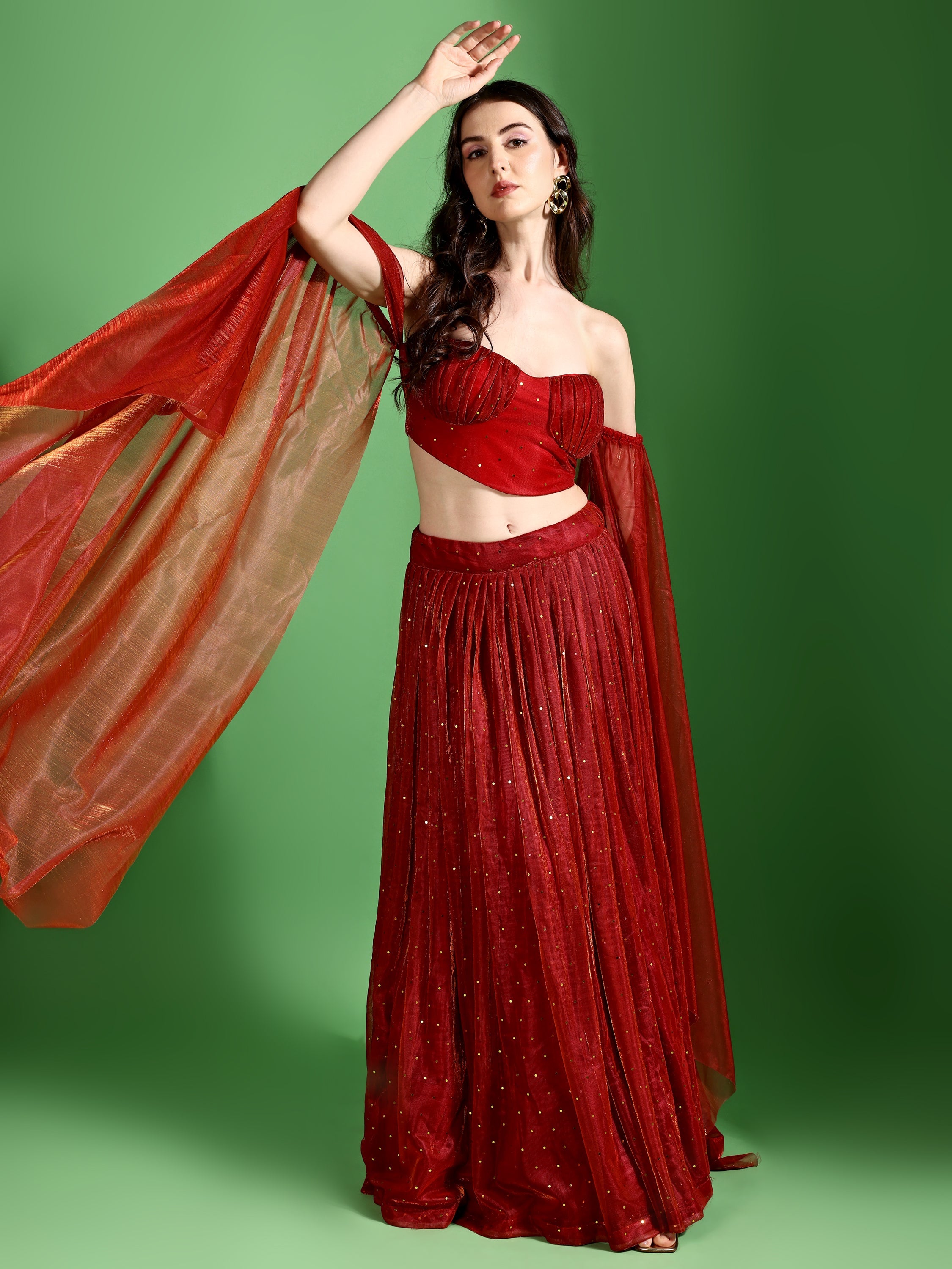 Sequences Red Lehenga Choli With Lycra Dupatta.