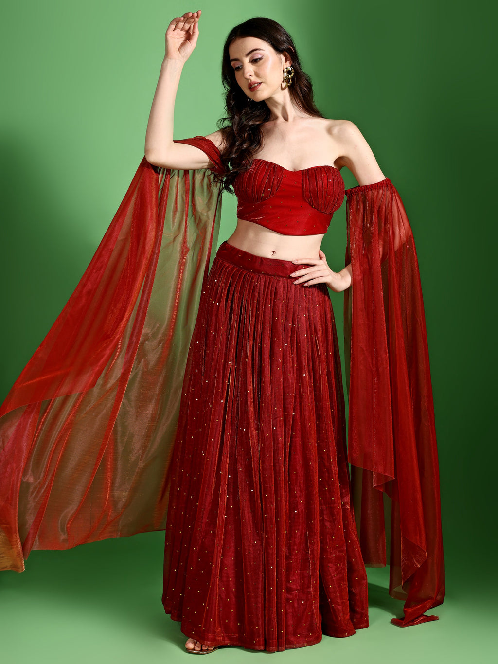 Sequences Red Lehenga Choli With Lycra Dupatta.