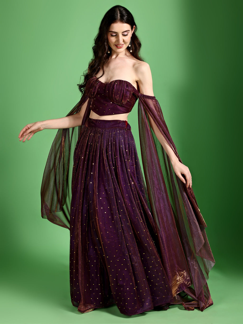 Sequences Wine Lehenga Choli With Lycra Dupatta.