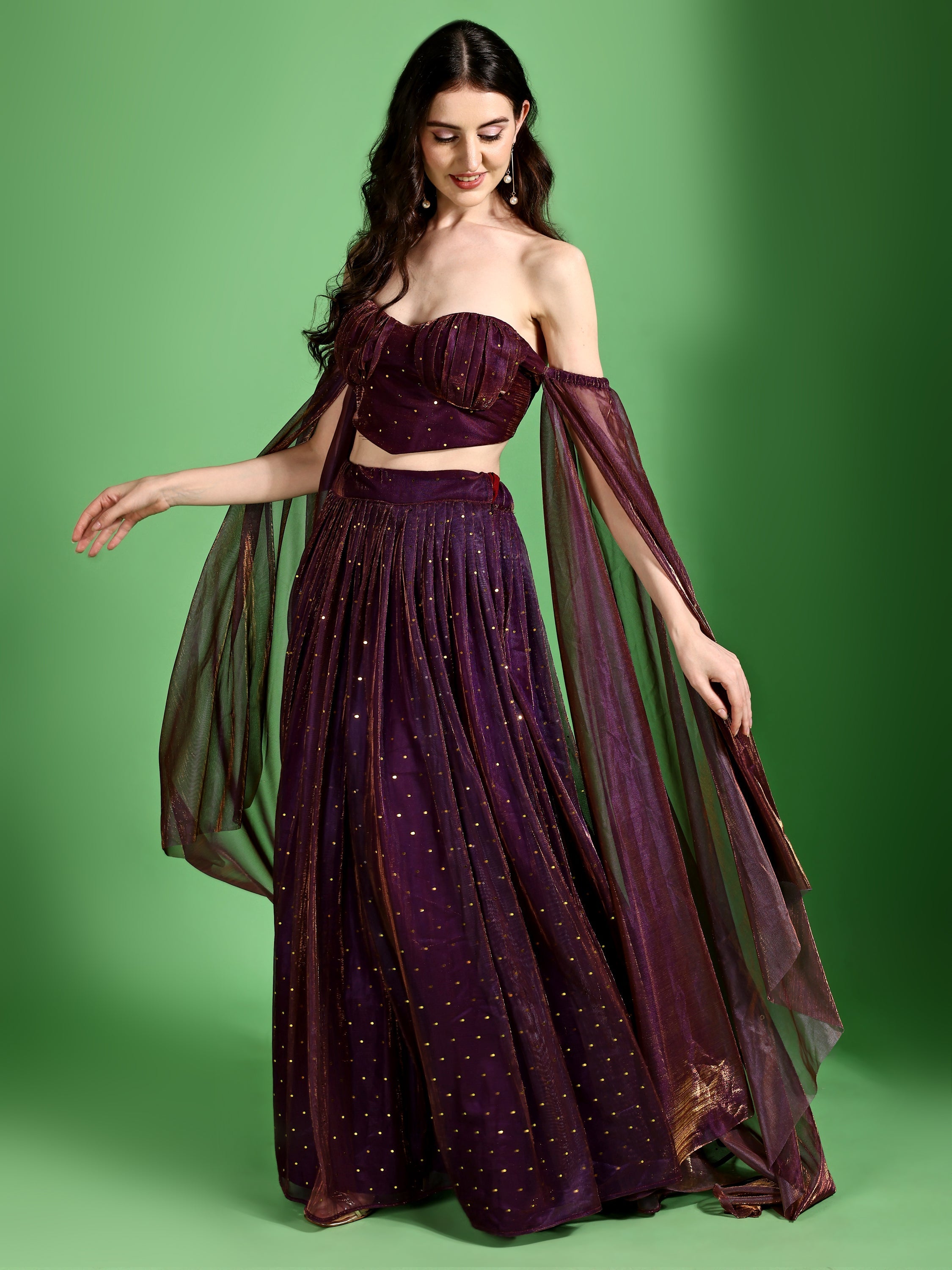 Sequences Wine Lehenga Choli With Lycra Dupatta.