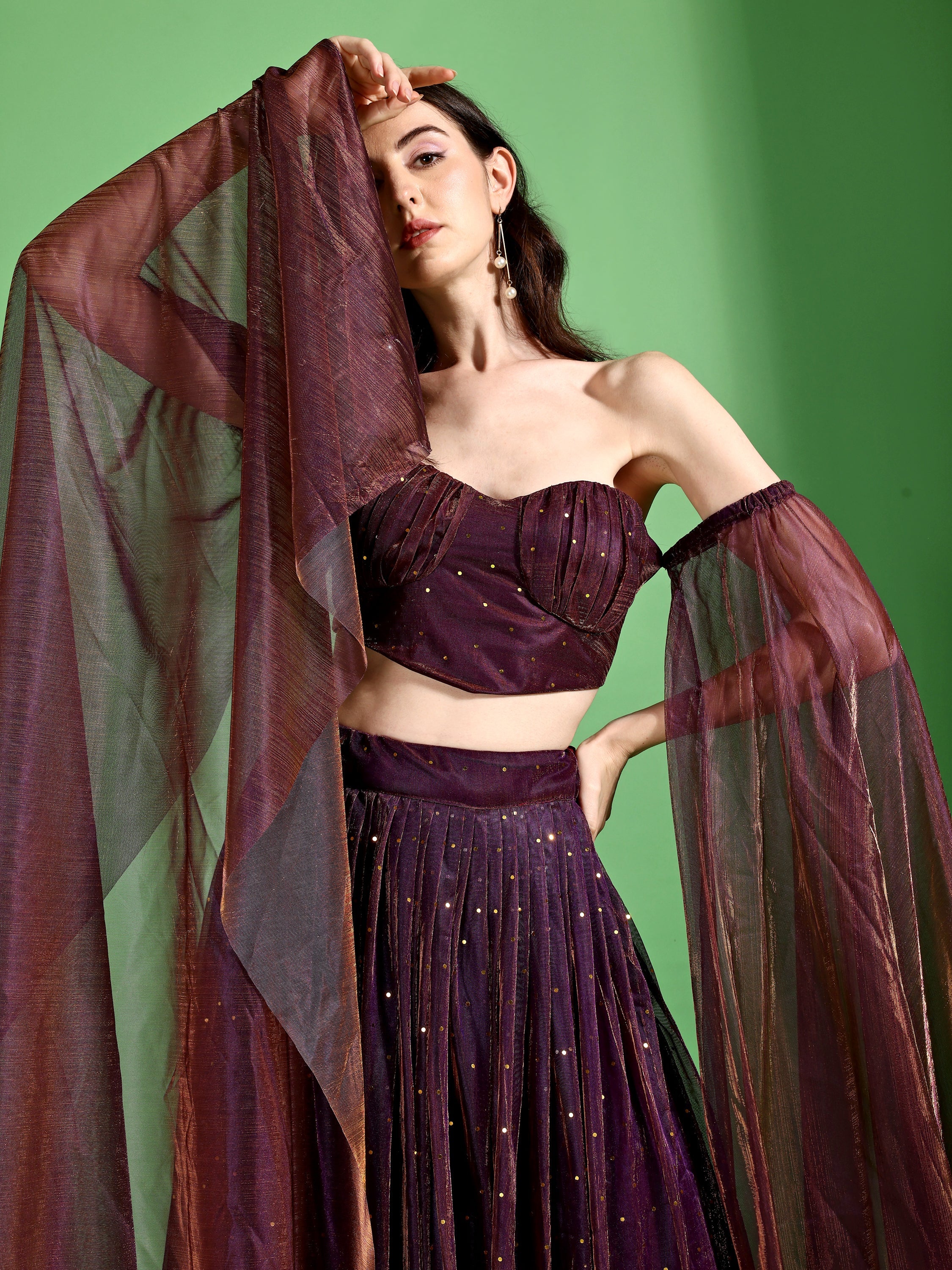 Sequences Wine Lehenga Choli With Lycra Dupatta.