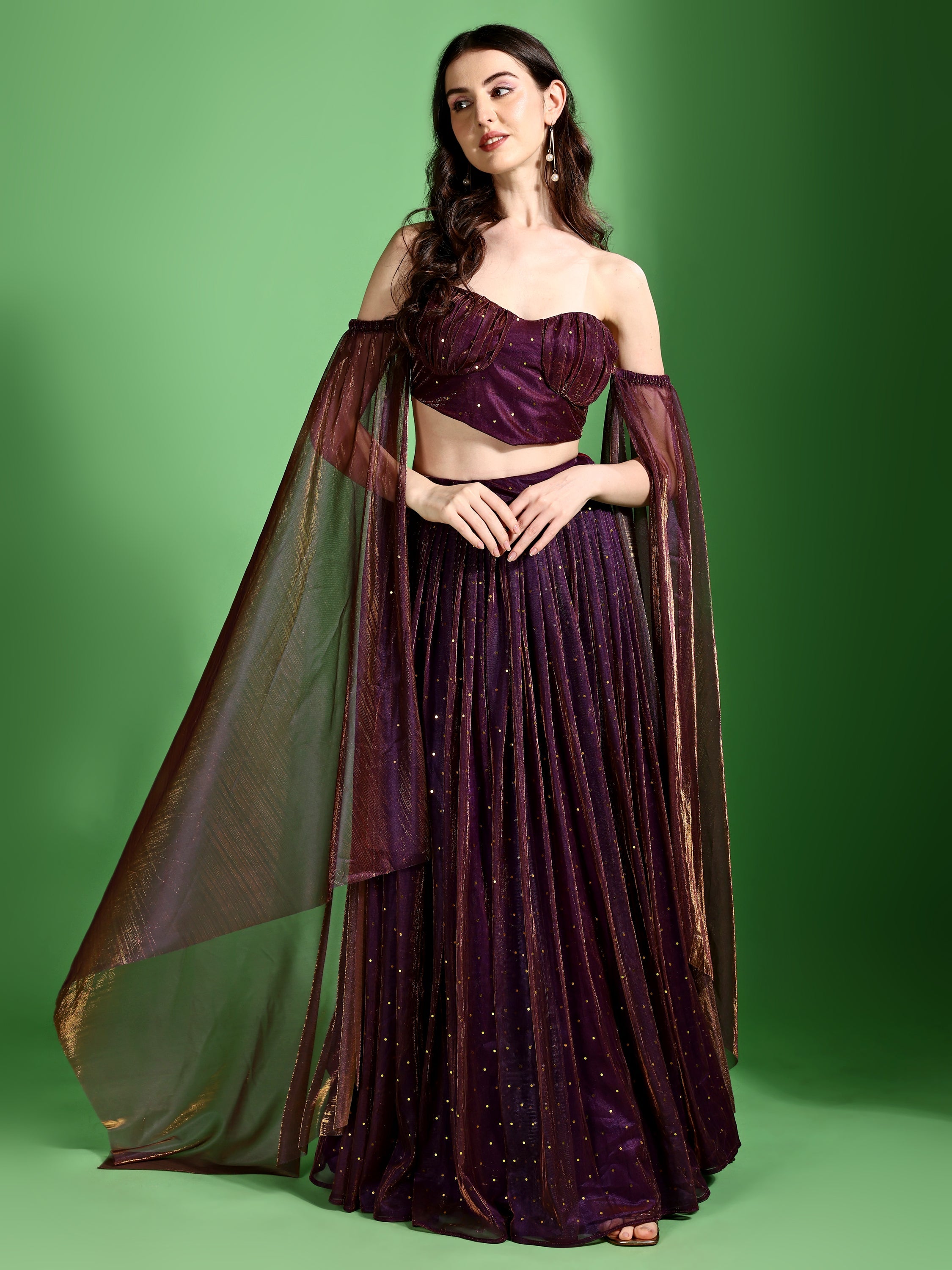 Sequences Wine Lehenga Choli With Lycra Dupatta.