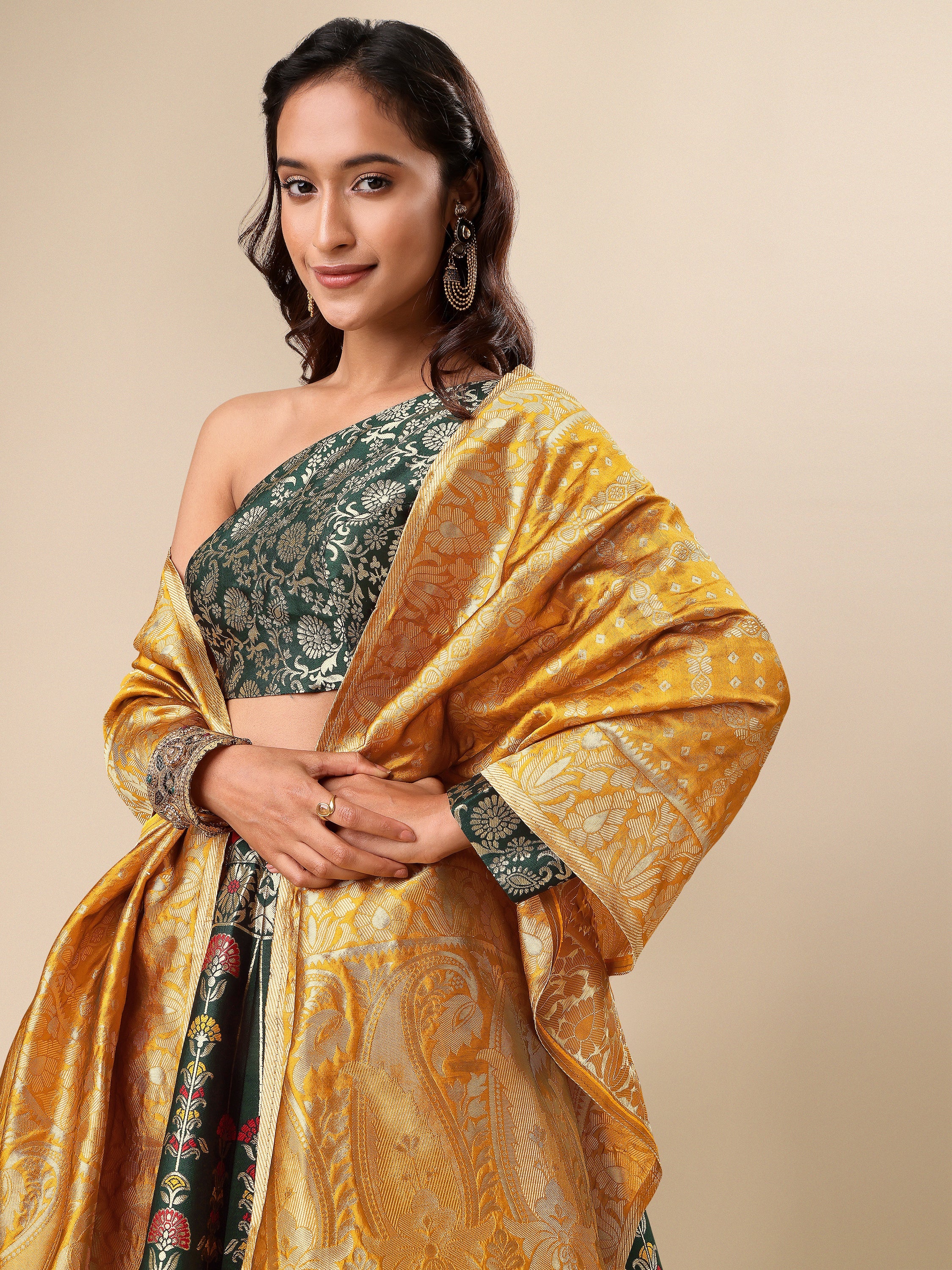Jacquard Dark Green Semi-Stitched Lehenga Choli