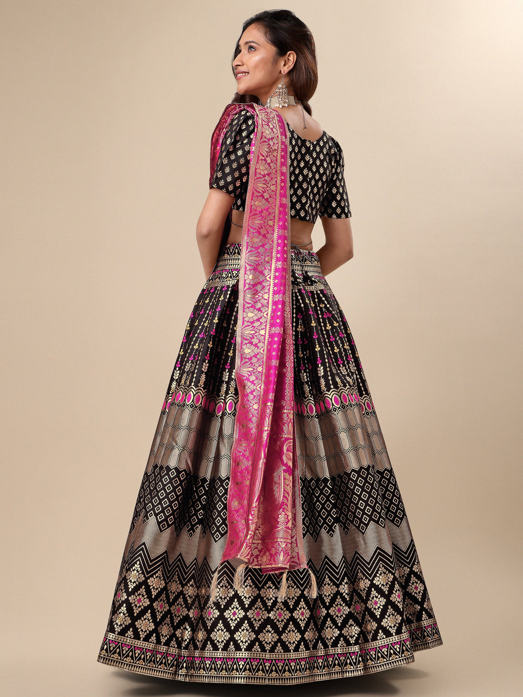 Zari Work Woven Motifs Black Lehenga choli