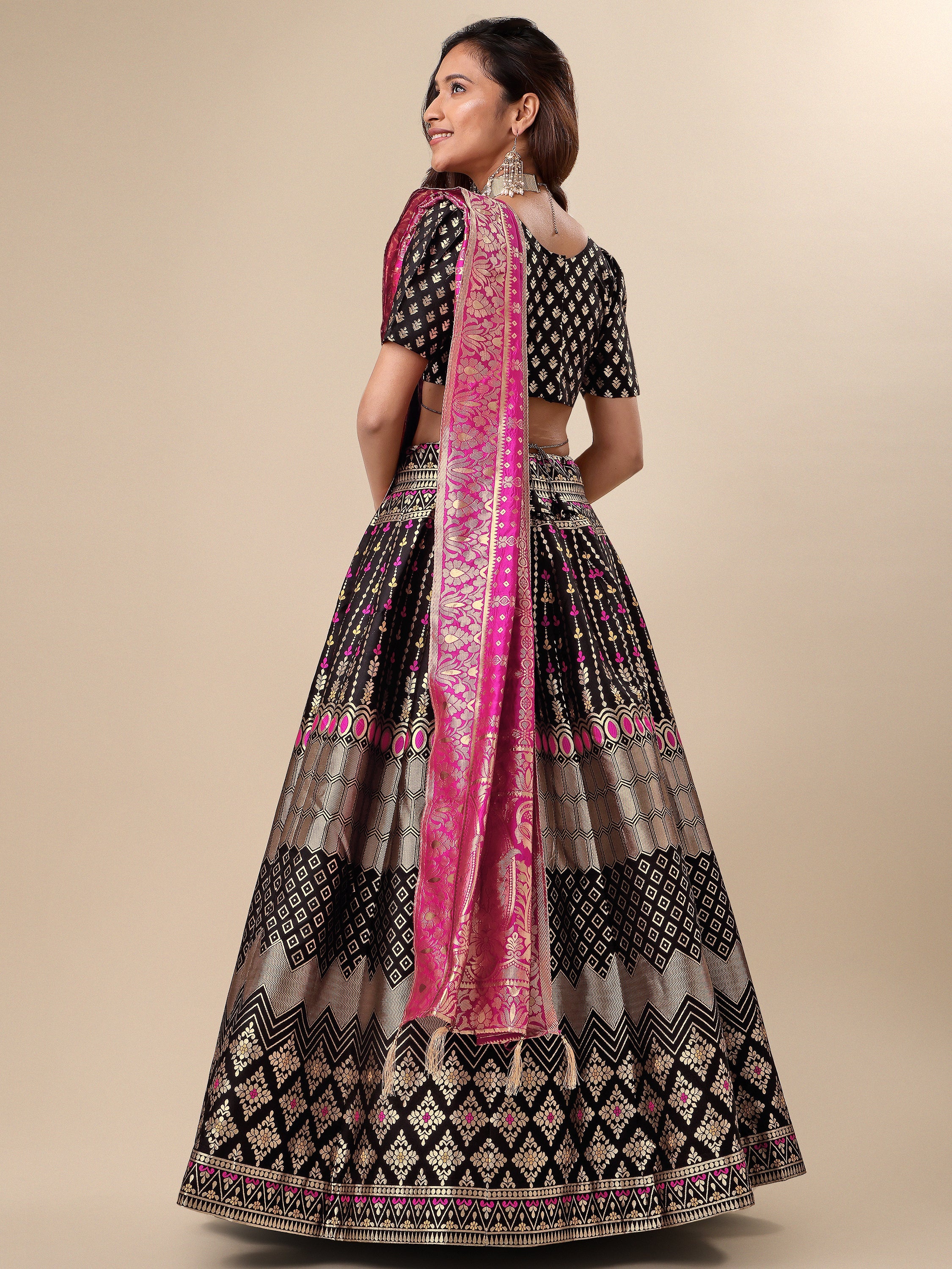 Zari Work Woven Motifs Black Lehenga choli