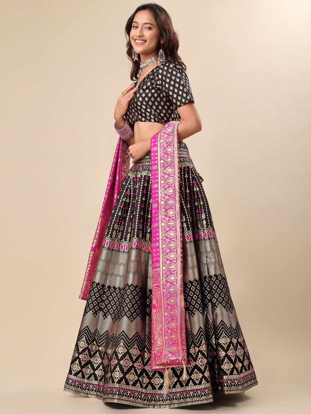 Zari Work Woven Motifs Black Lehenga choli