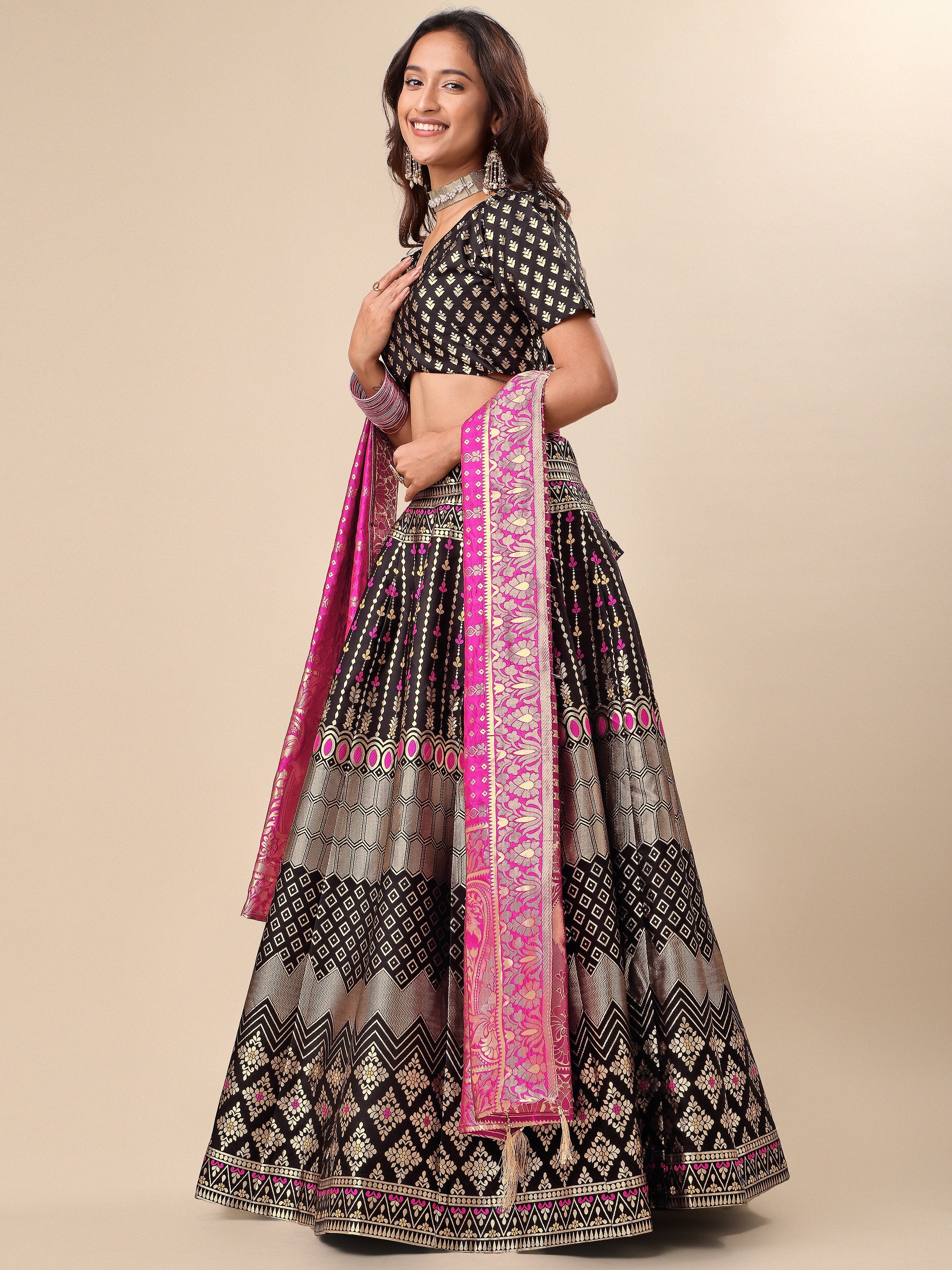 Zari Work Woven Motifs Black Lehenga choli