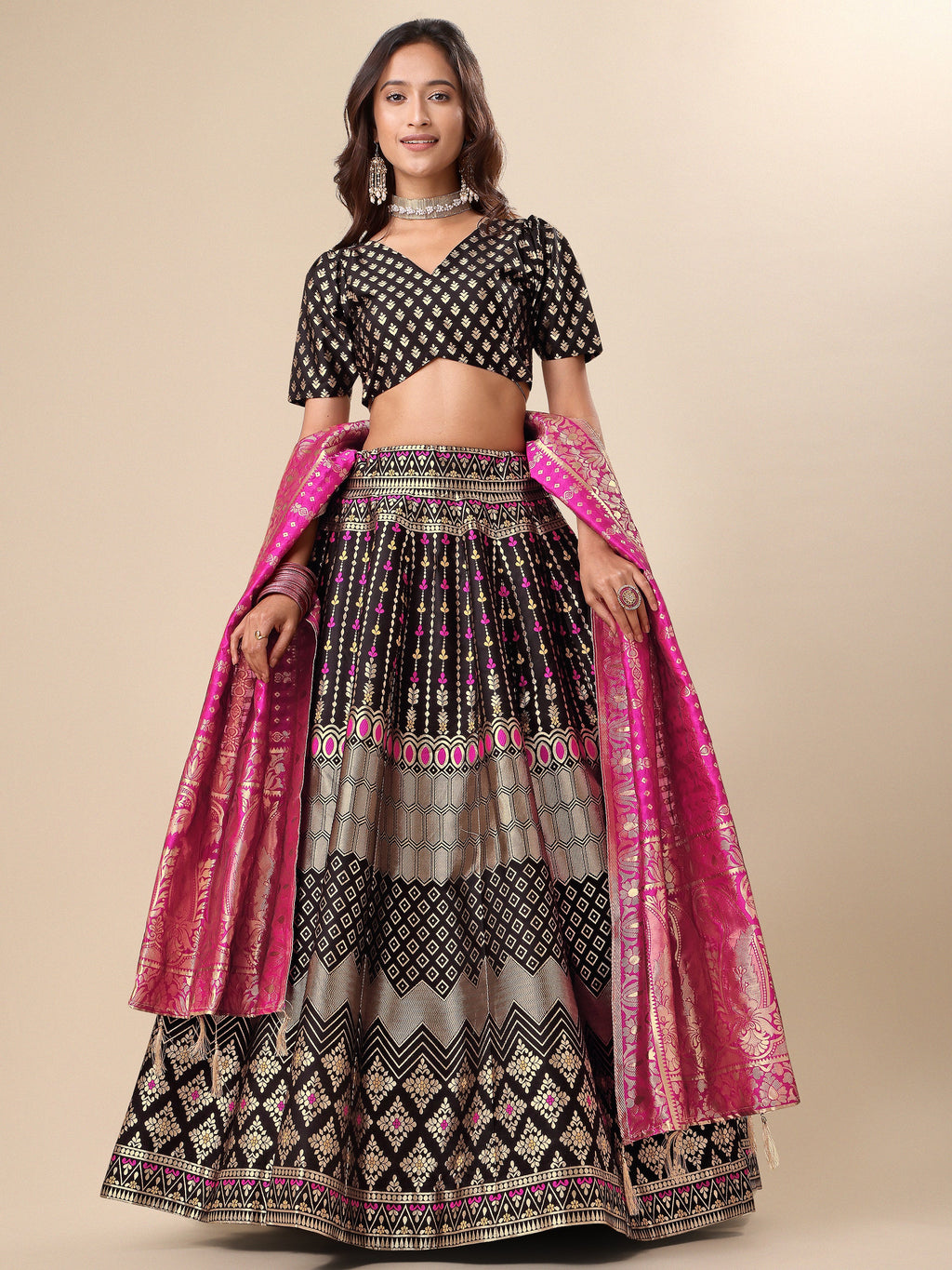 Zari Work Woven Motifs Black Lehenga choli