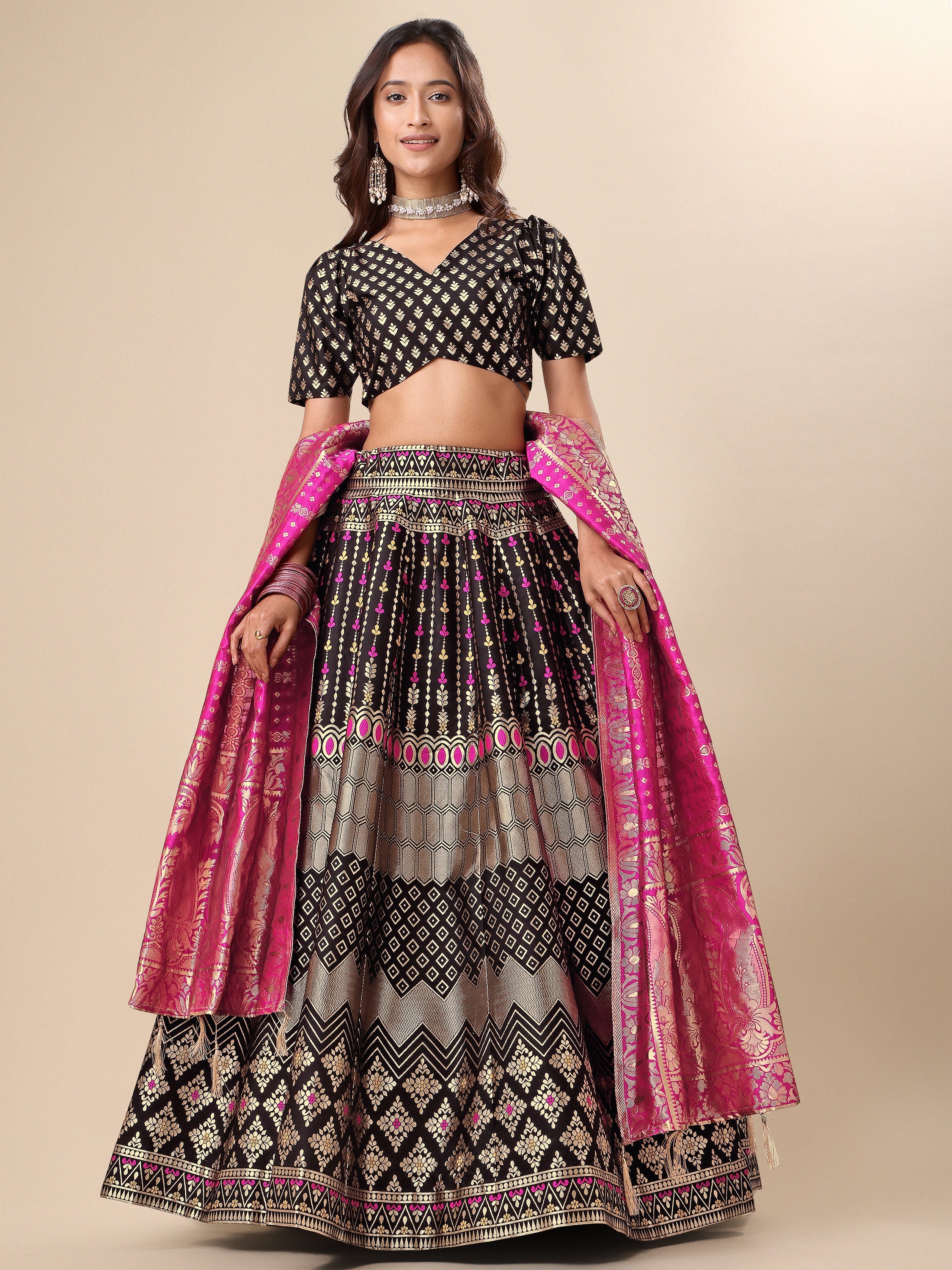 Zari Work Woven Motifs Black Lehenga choli