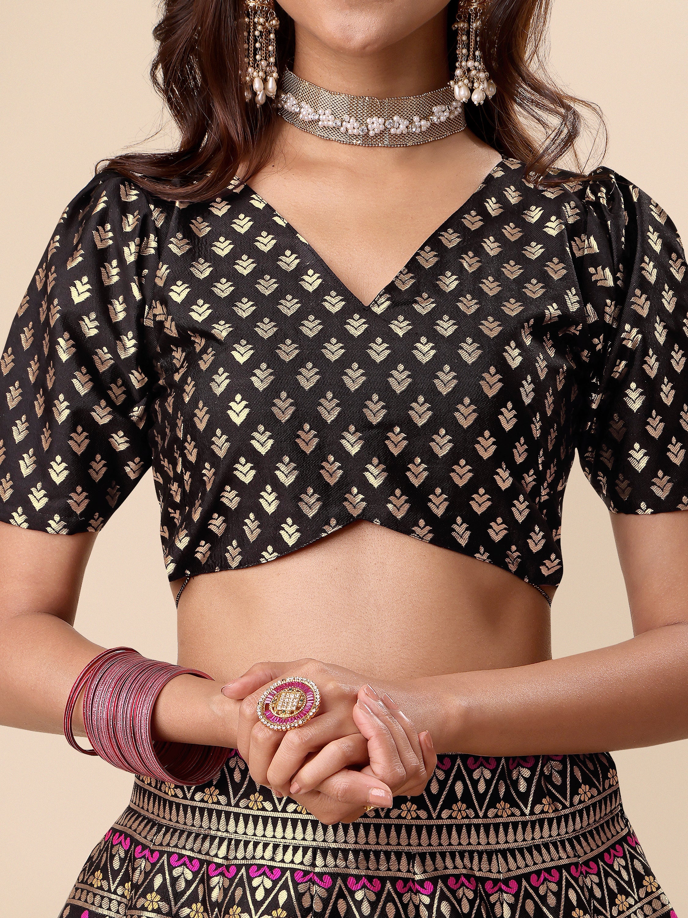 Zari Work Woven Motifs Black Lehenga choli