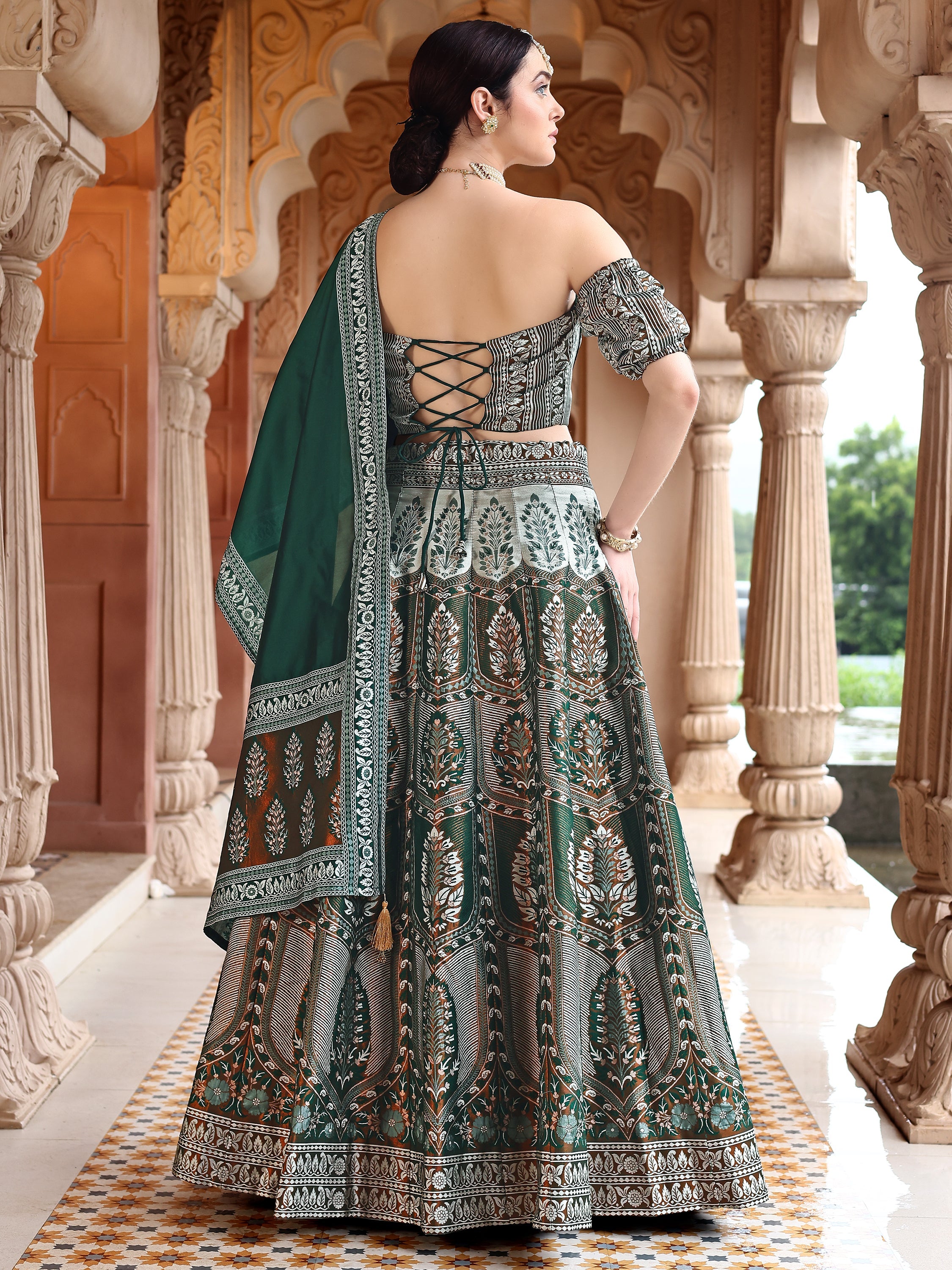 Kanjiwaram With Zari Dark Green Lehenga Choli