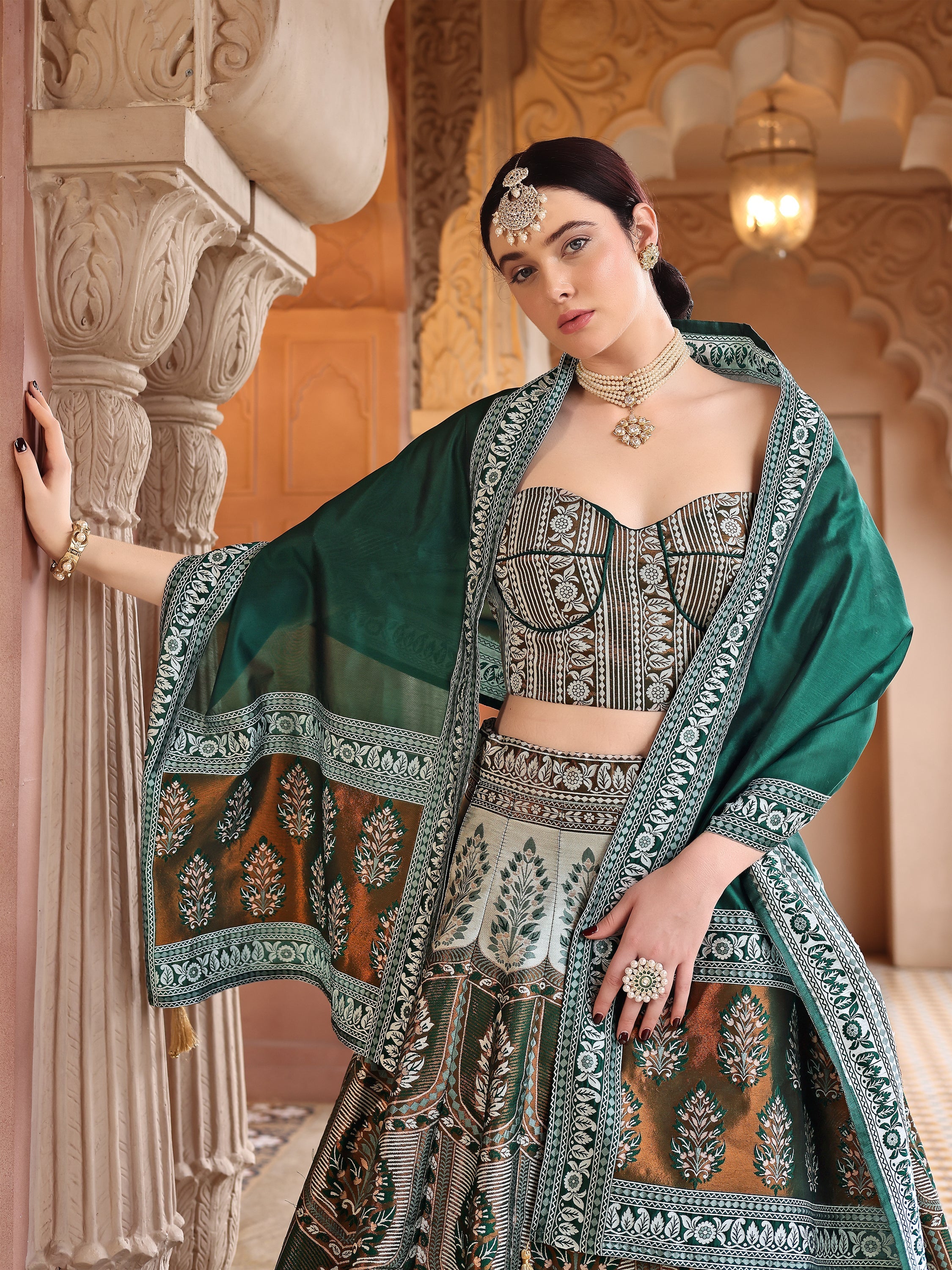 Kanjiwaram With Zari Dark Green Lehenga Choli