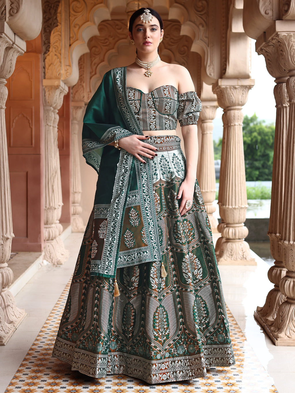 Kanjiwaram With Zari Dark Green Lehenga Choli