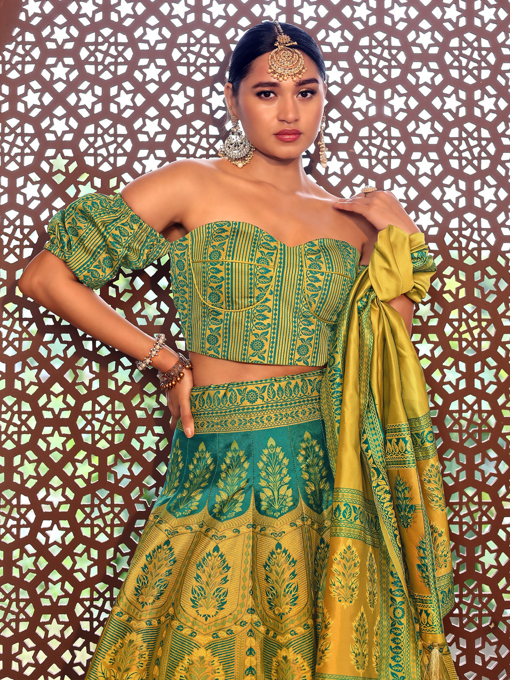 Kanjiwaram With Zari Lime Lehenga Choli