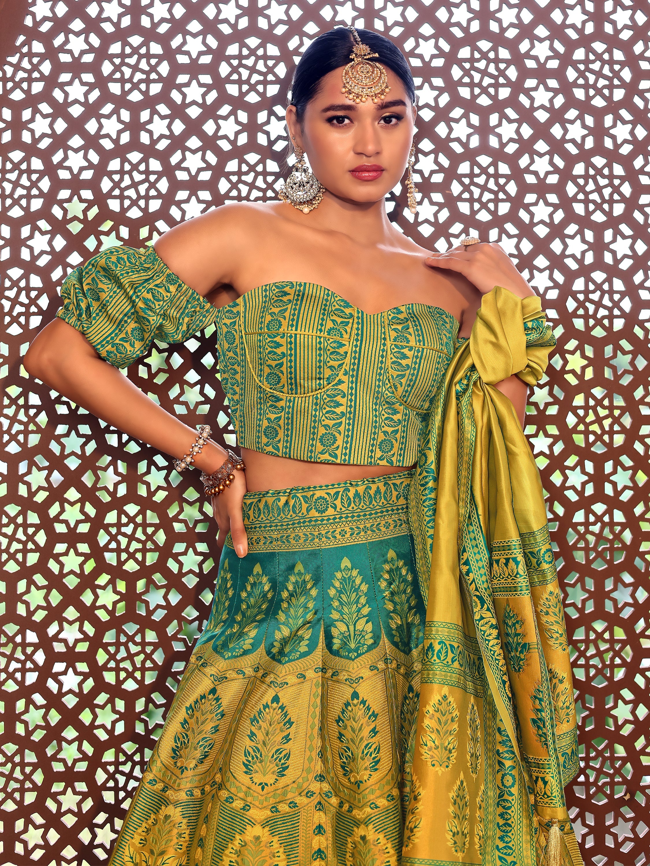 Kanjiwaram With Zari Lime Lehenga Choli
