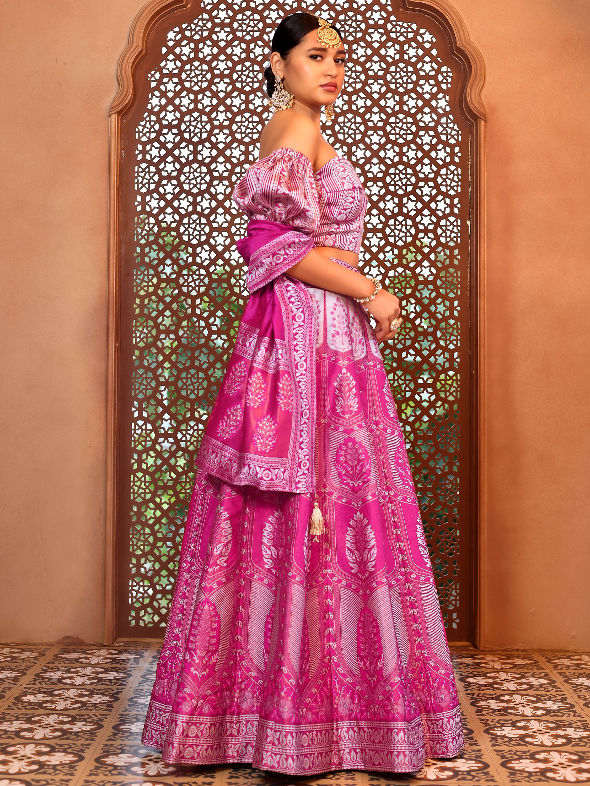 Kanjiwaram With Zari Pink Lehenga Choli