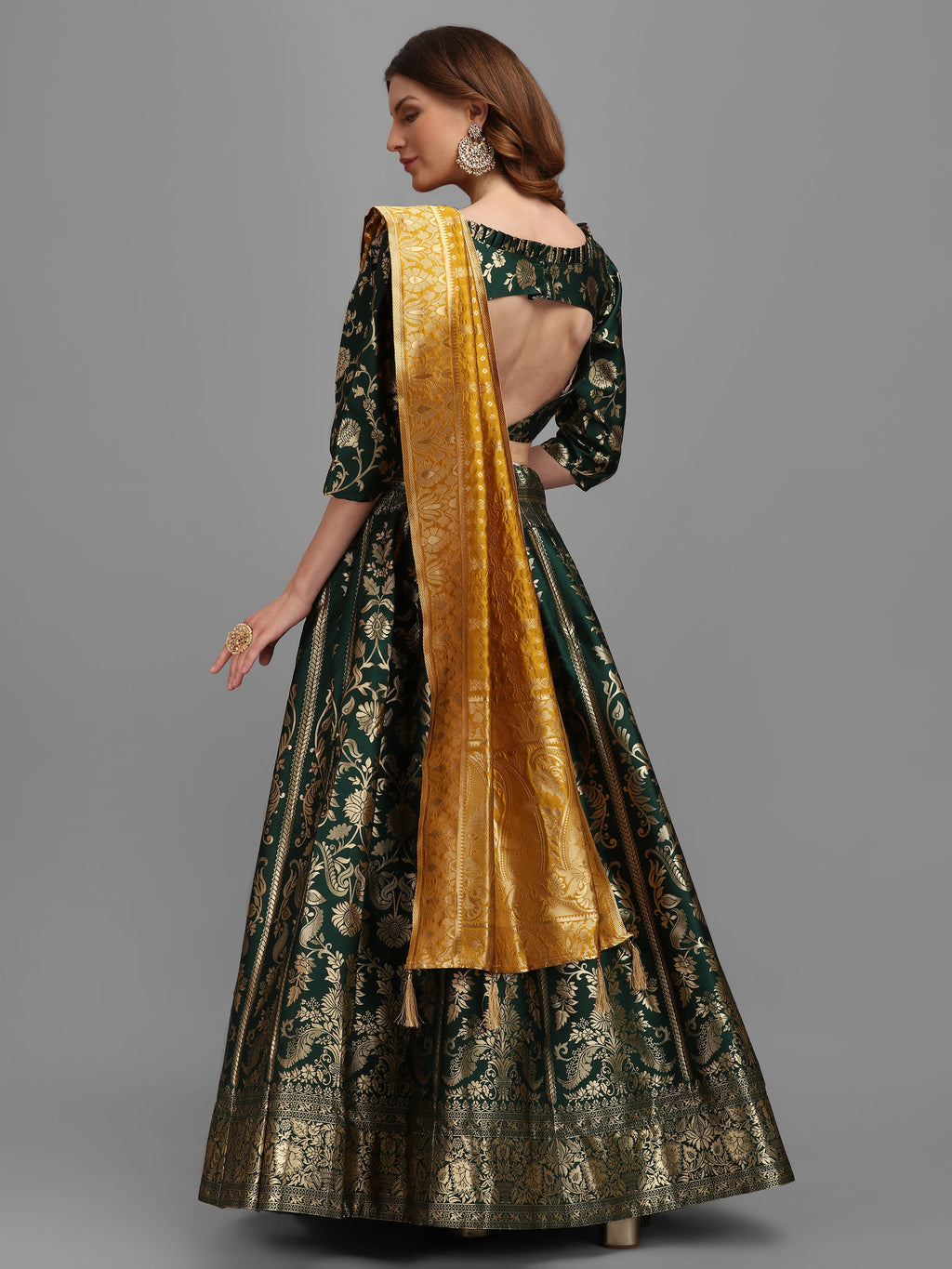 Floral Woven Kalidar Dark Green Lehenga Choli