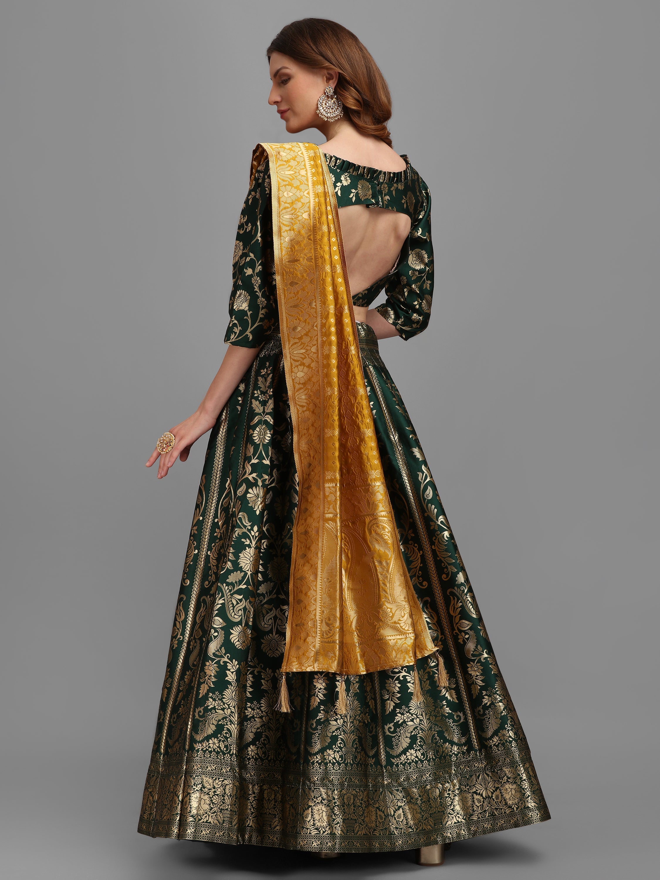 Floral Woven Kalidar Dark Green Lehenga Choli