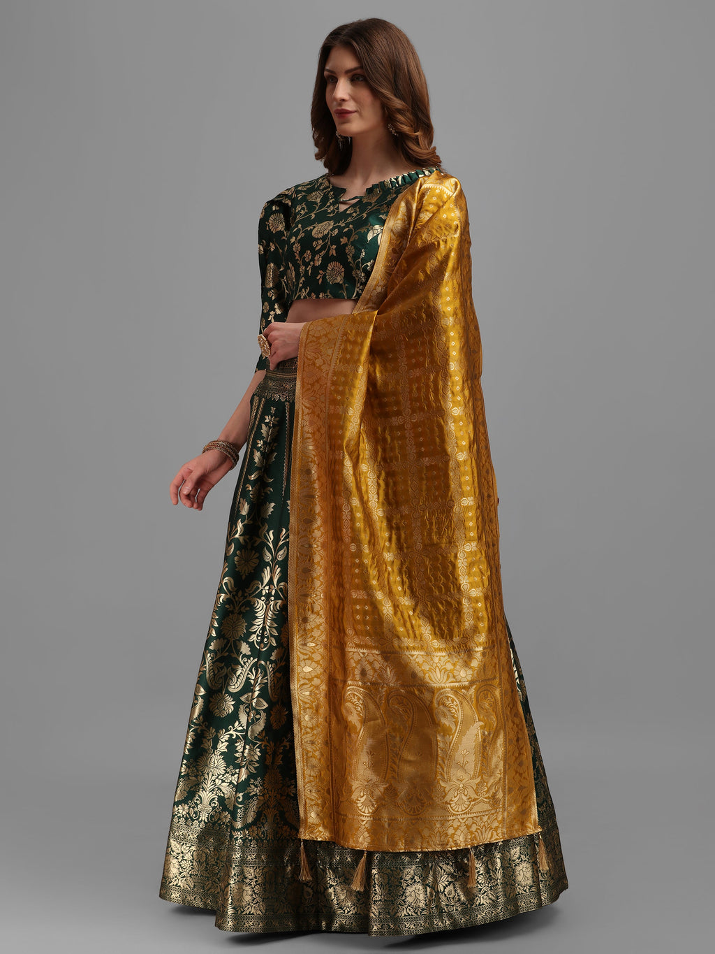 Floral Woven Kalidar Dark Green Lehenga Choli