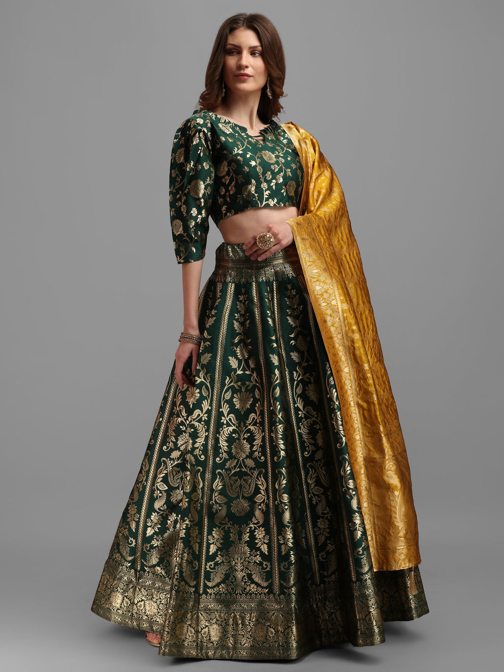 Floral Woven Kalidar Dark Green Lehenga Choli