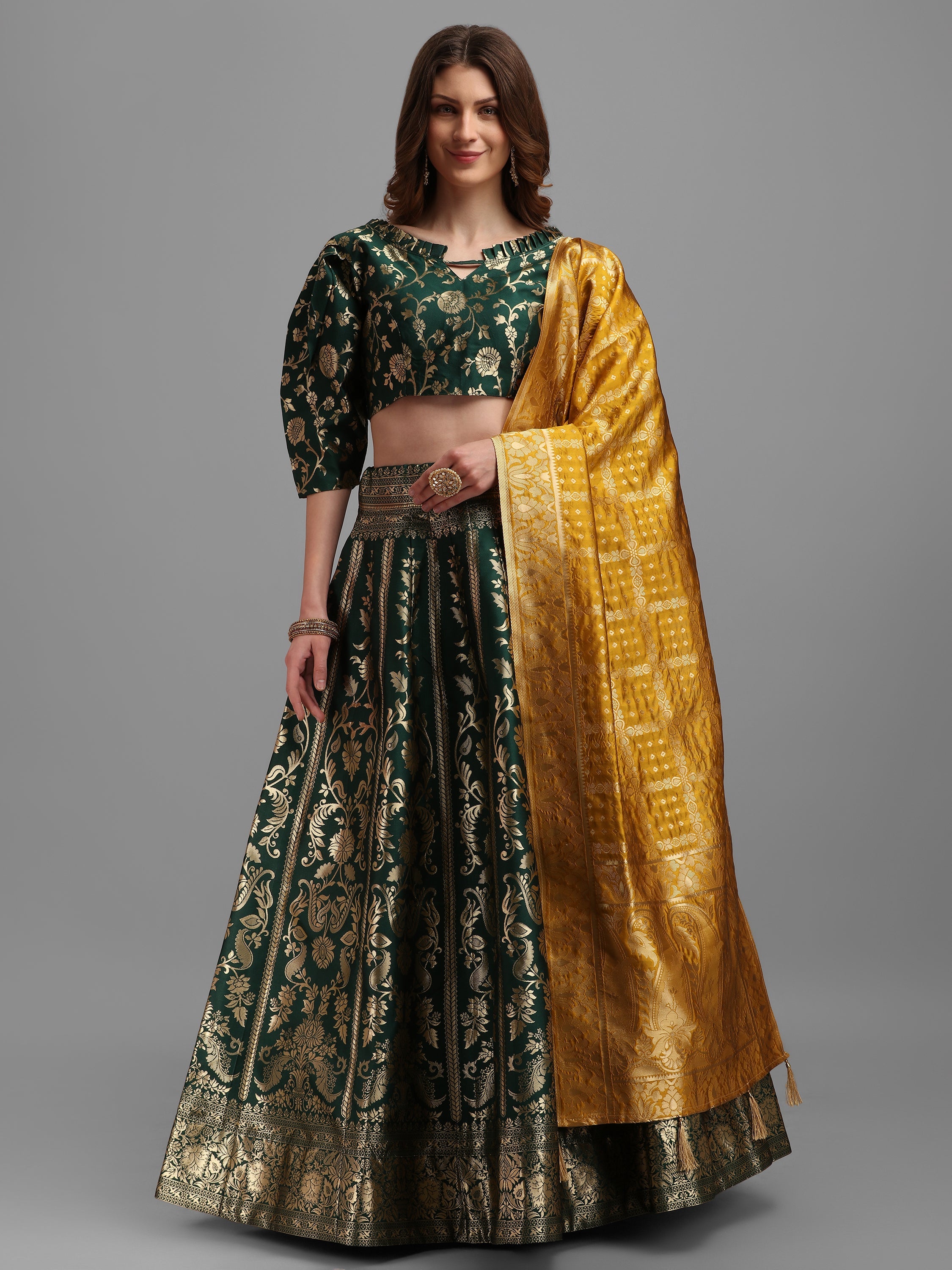 Floral Woven Kalidar Dark Green Lehenga Choli