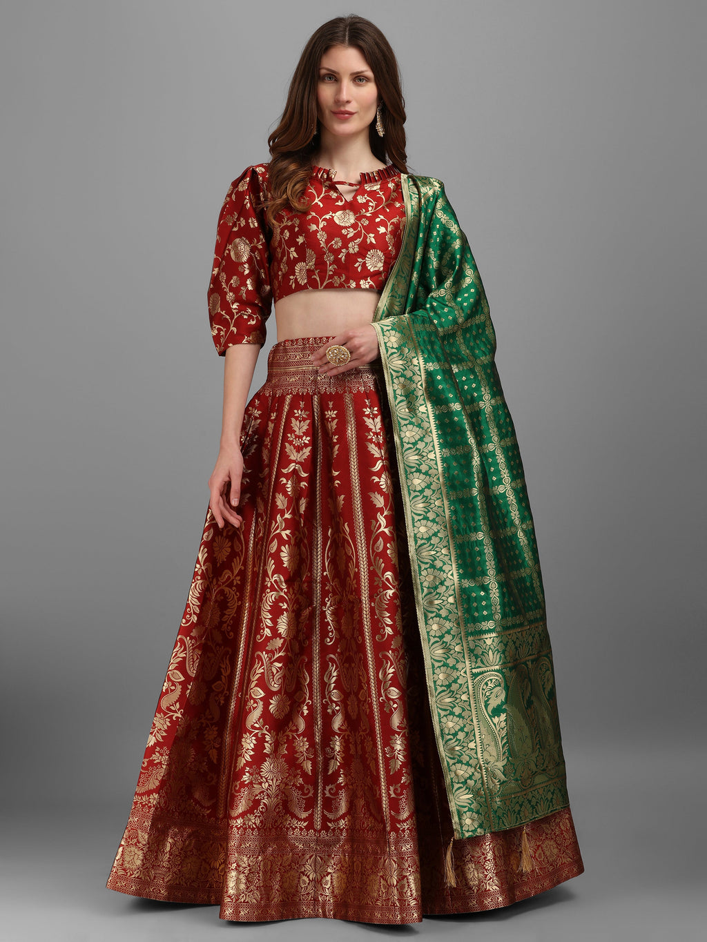 Floral Woven Kalidar Maroon Lehenga Choli