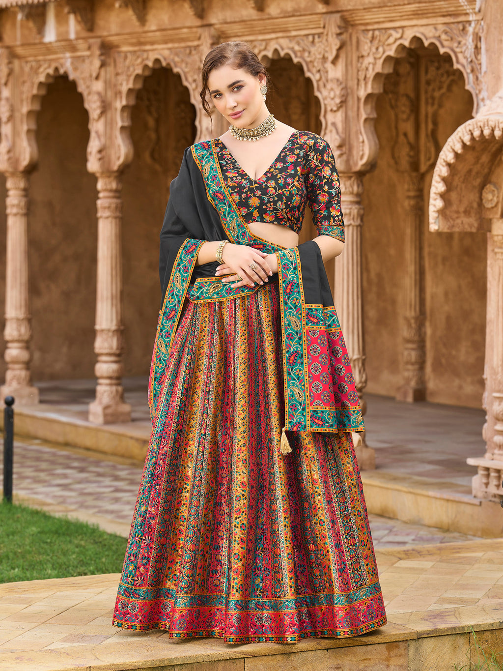 Women's Black Jacquard Crape Lehengas