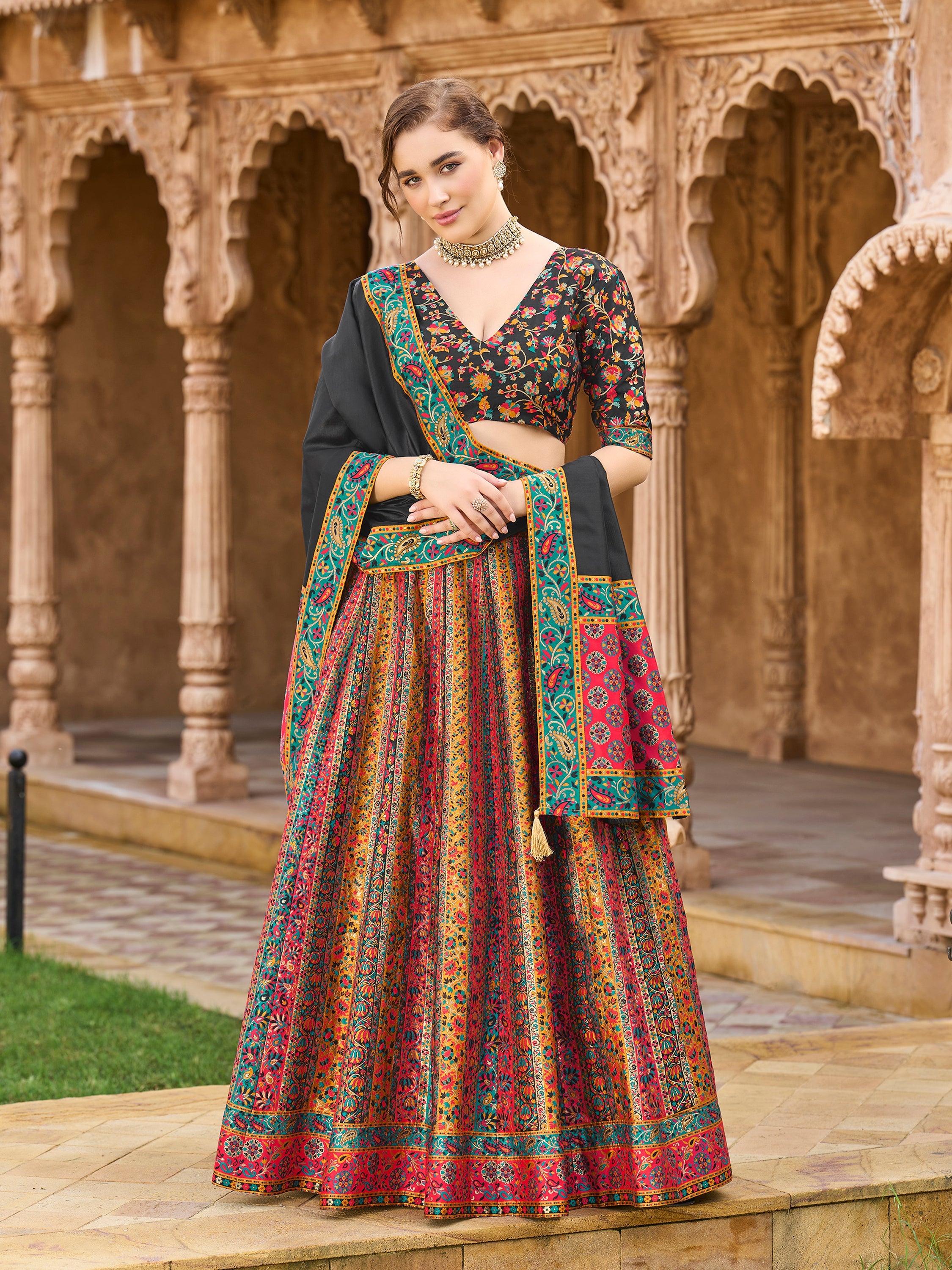 Women's Black Jacquard Crape Lehengas