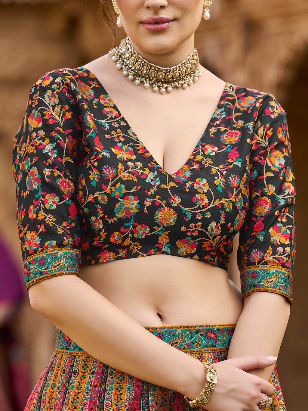 Women's Black Jacquard Crape Lehengas