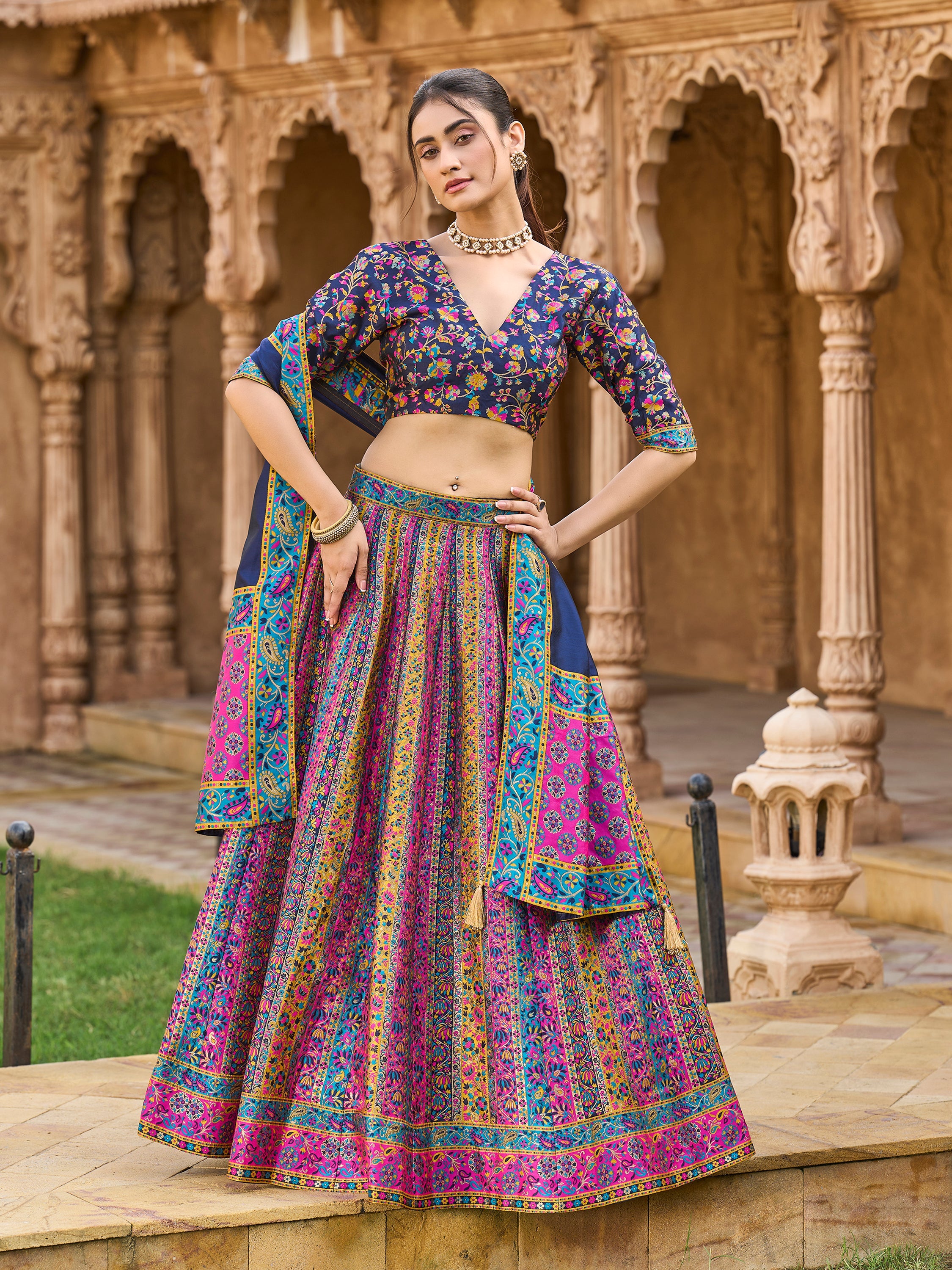 Women's Navy-Blue Jacquard Crape Lehengas
