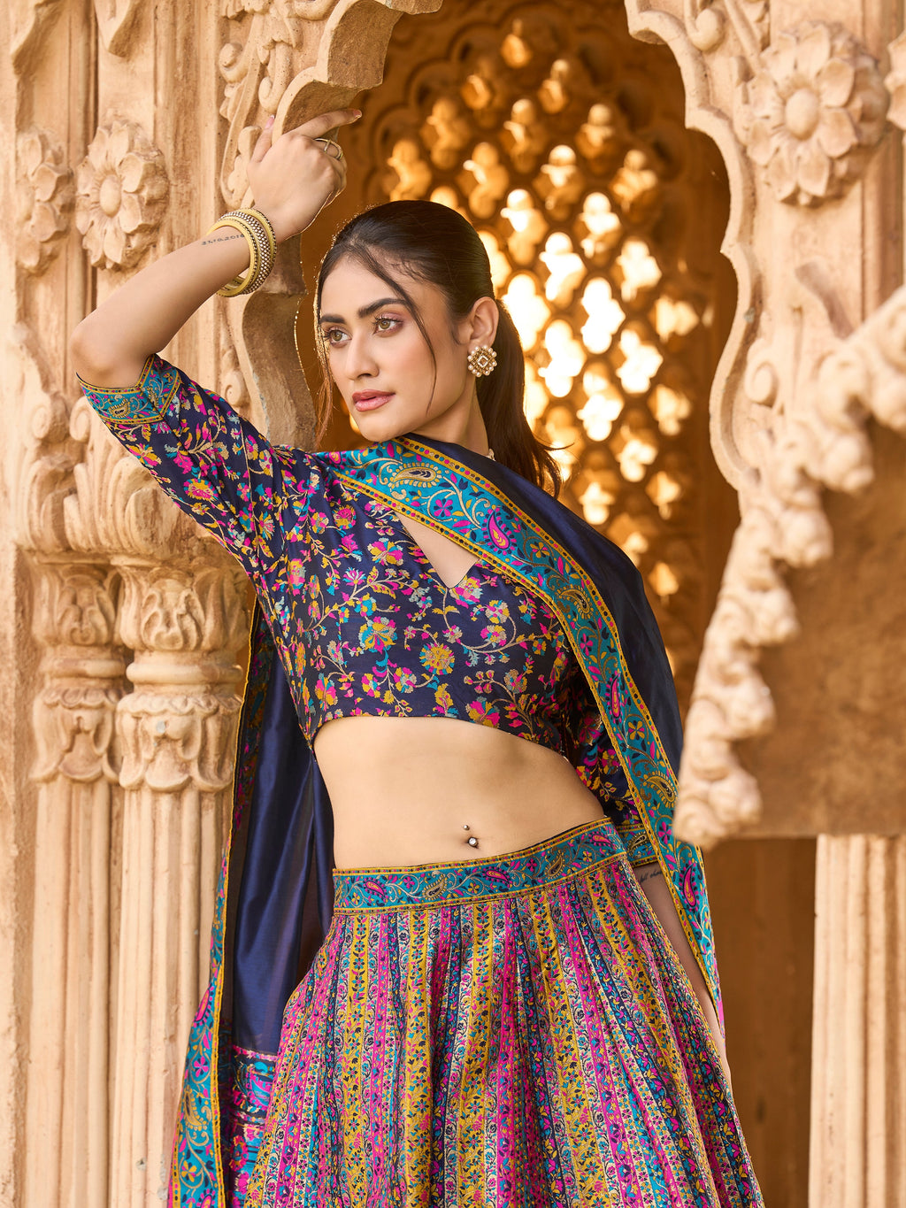 Women's Navy-Blue Jacquard Crape Lehengas