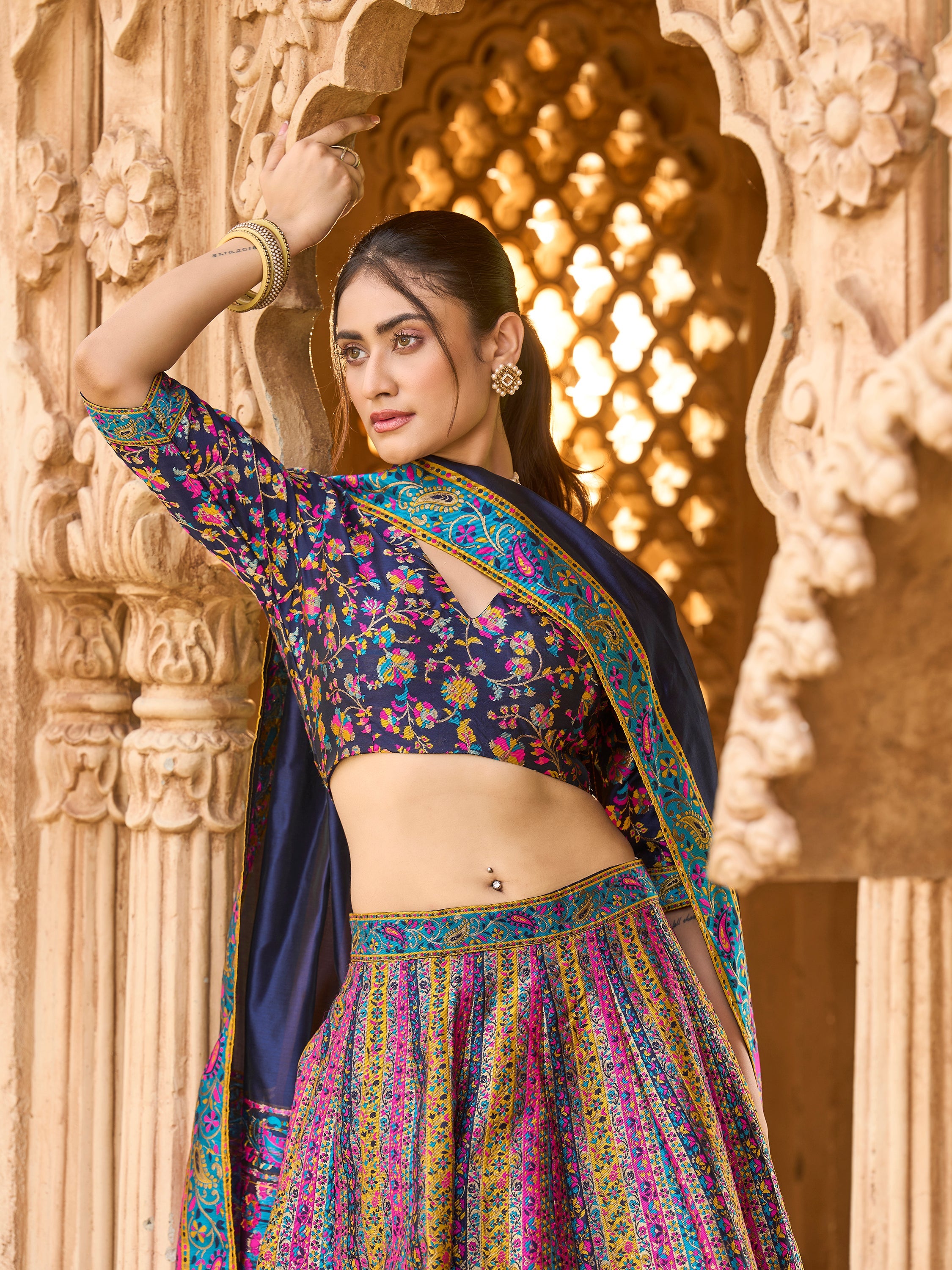 Women's Navy-Blue Jacquard Crape Lehengas